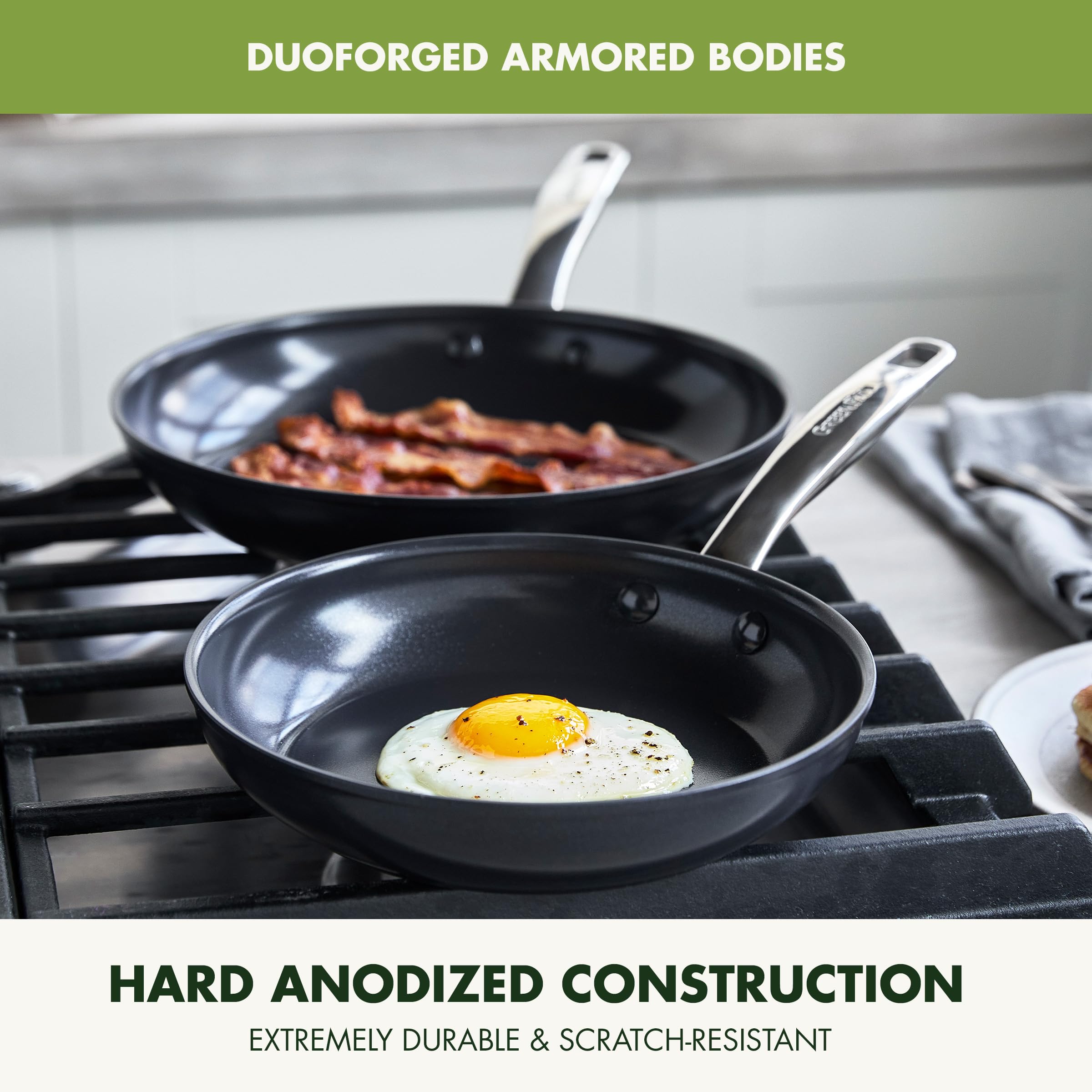 Greenpan Chatham Prime Midnight Hard Anodized Healthy Ceramic Nonstick 8'' And 10'' Frying Pan Skillet Set, Omelette And Egg Pan