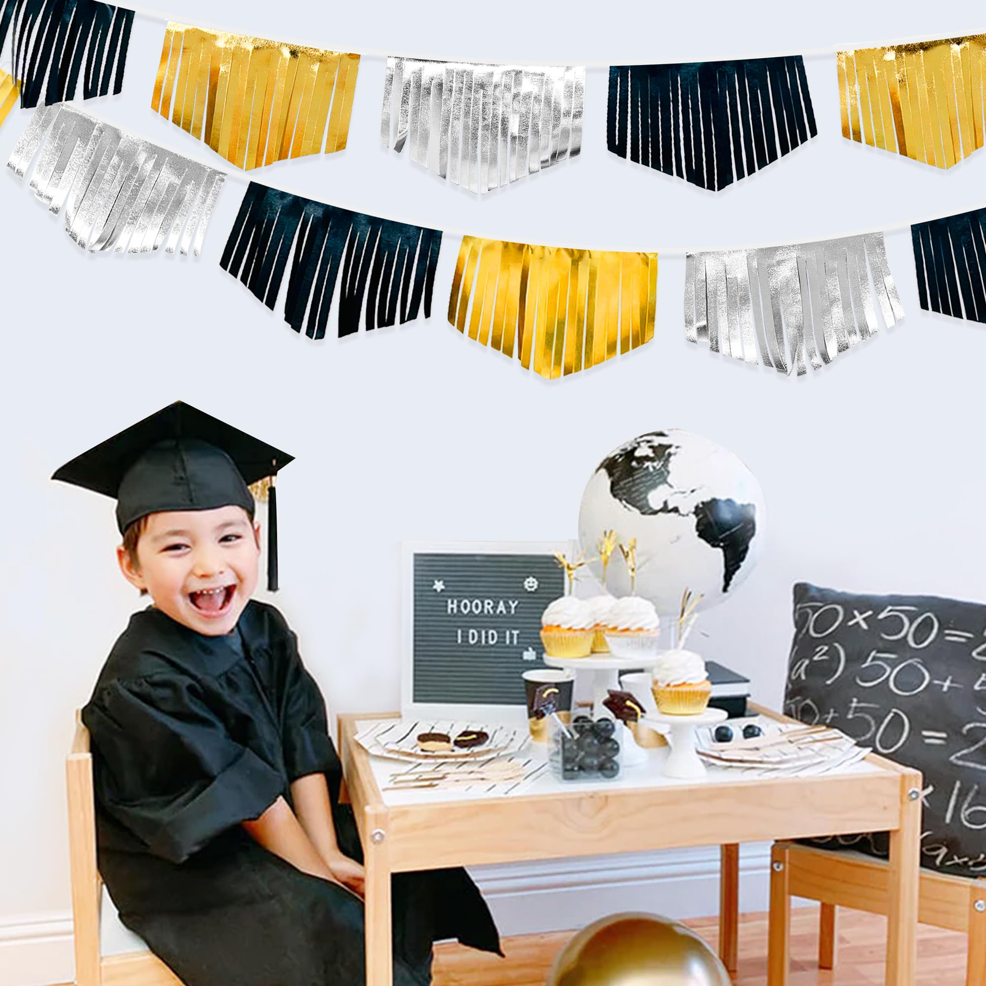Black Silver Gold Tassel Banner Double Sided Metallic Fabric Pennant Bunting Flag Garland For Graduation Birthday Anniversary Ba