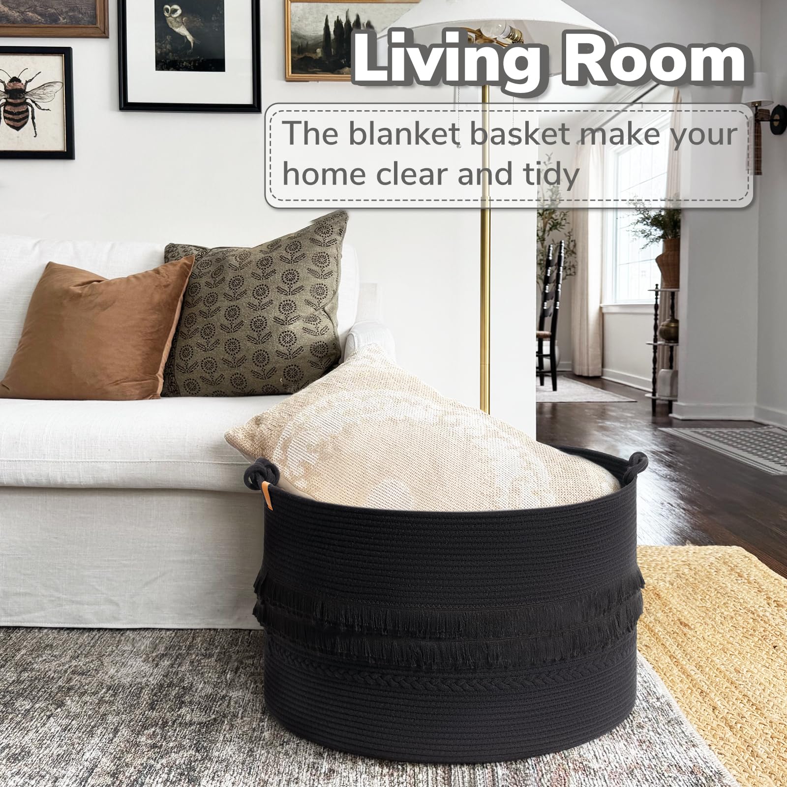 Cherrynow Extra Large Black Laundry Basket, Rope Storage Basket For Bathroom, Bedroom, Living Room, Entryway, Big Blanket Basket