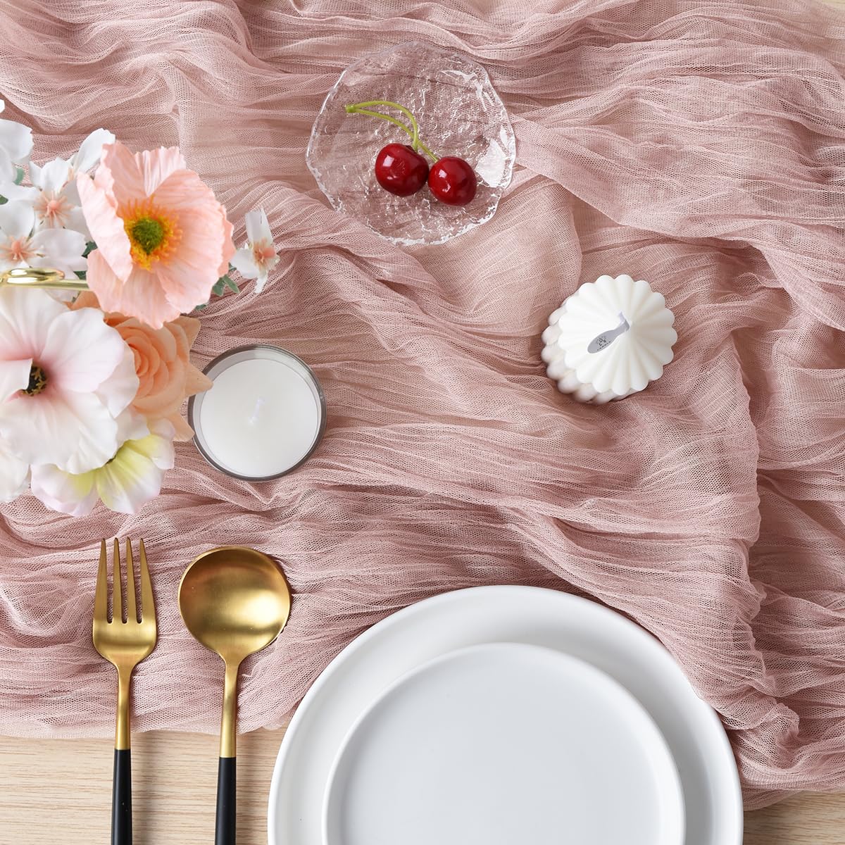 Joanlody Dusty Rose Cheesecloth Table Runner Fall Thanksgiving 10Ft Rustic Gauze Boho Cheese Cloth Table Runner for Wedding Brid