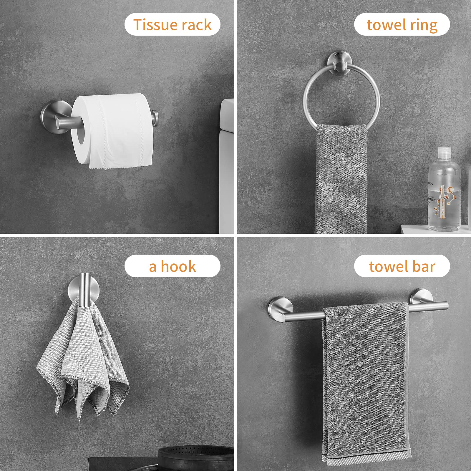 Hinmood Bathroom Hardware Set 10 Pieces, Stainless Steel Towel Bar Set Includes 2 Packs 16 Inch Towel Bar, 4 Packs Towel Hook, 2