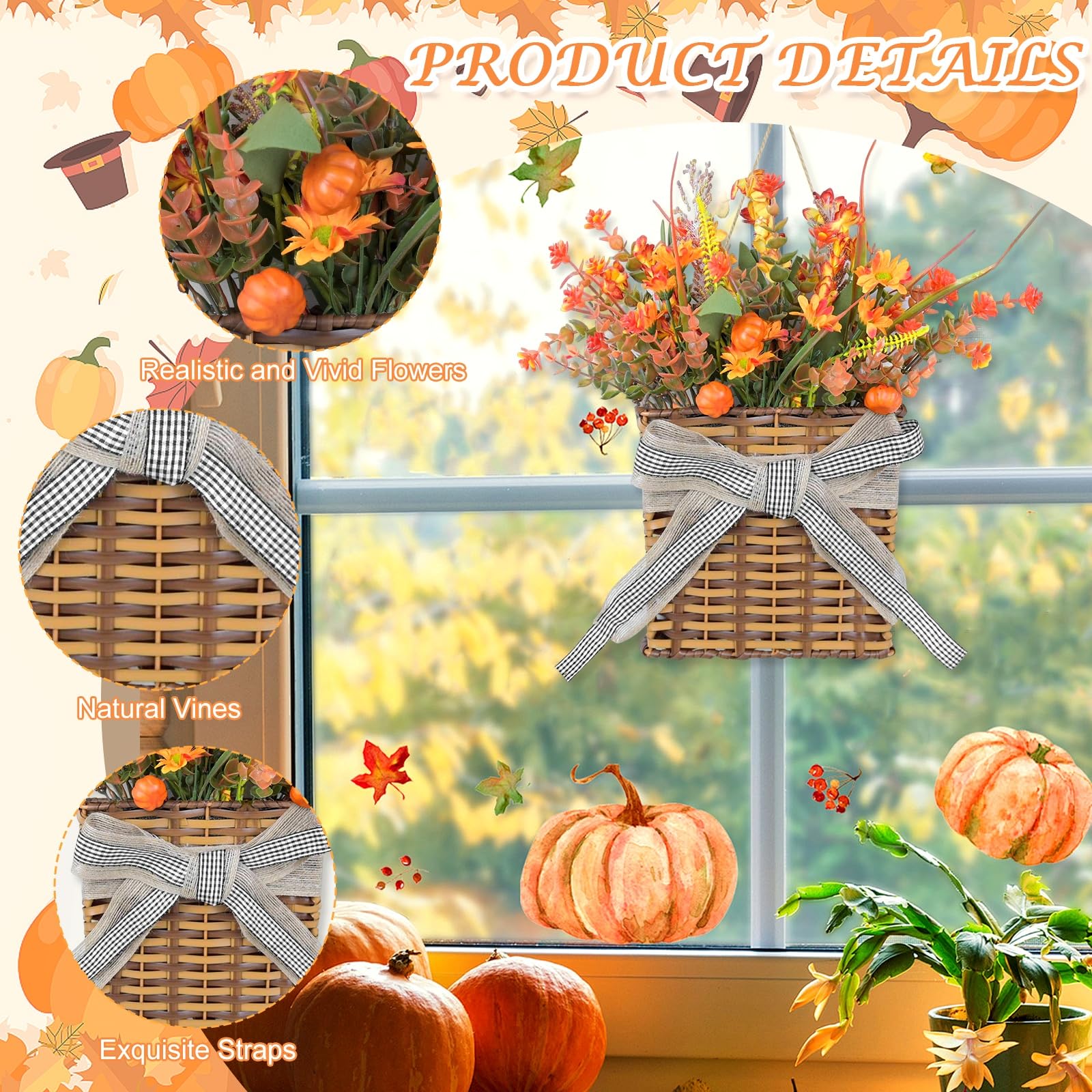 Thanksgiving Fall Door Hanger Basket Wreath Orange Pumpkin Wreath, Artificial Autumn Pumpkin Wreaths with Mixed Leaves Sunflower