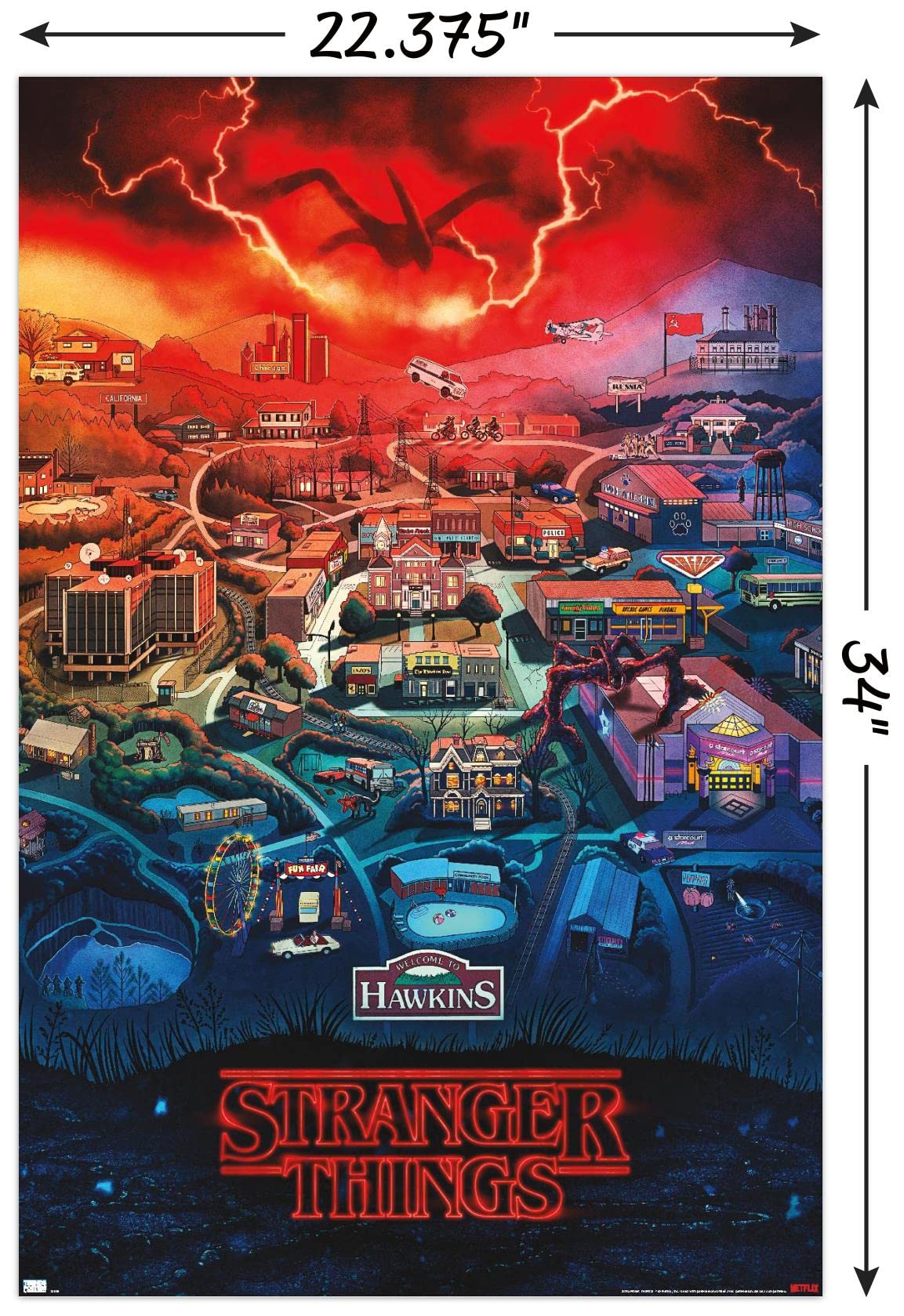Trends International Netflix Stranger Things: Season 4 - Hawkins, Indiana Wall Poster, 22.375'' X 34'', Poster & Clip Bundle