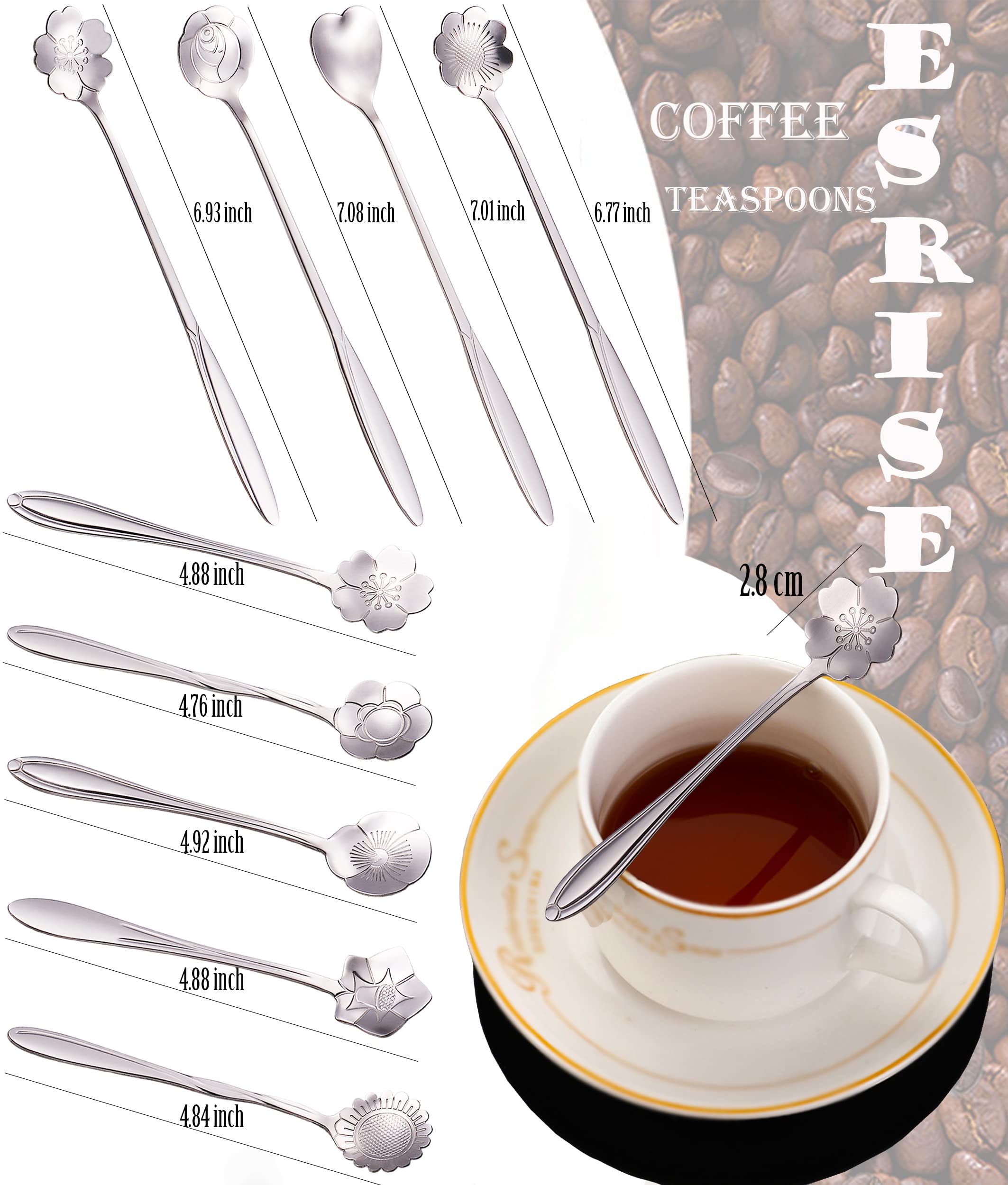 9 Pcs Flower Spoon Coffee Teaspoon Set, Esrise Stainless Steel Tea Spoon Dessert Spoon, Cute Demitasse Spoon For Drink Mixing Mi