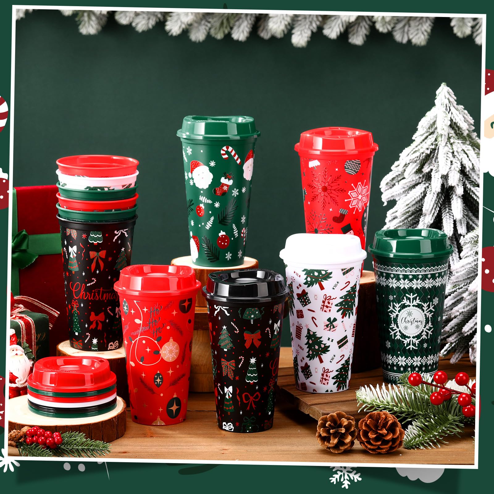 Pickmesh 12 Pack Christmas Coffee Cups Gifts Bulk 16 oz Reusable Coffee Cup Tumblers with Lid Plastic Cups Travel Mug Thank You