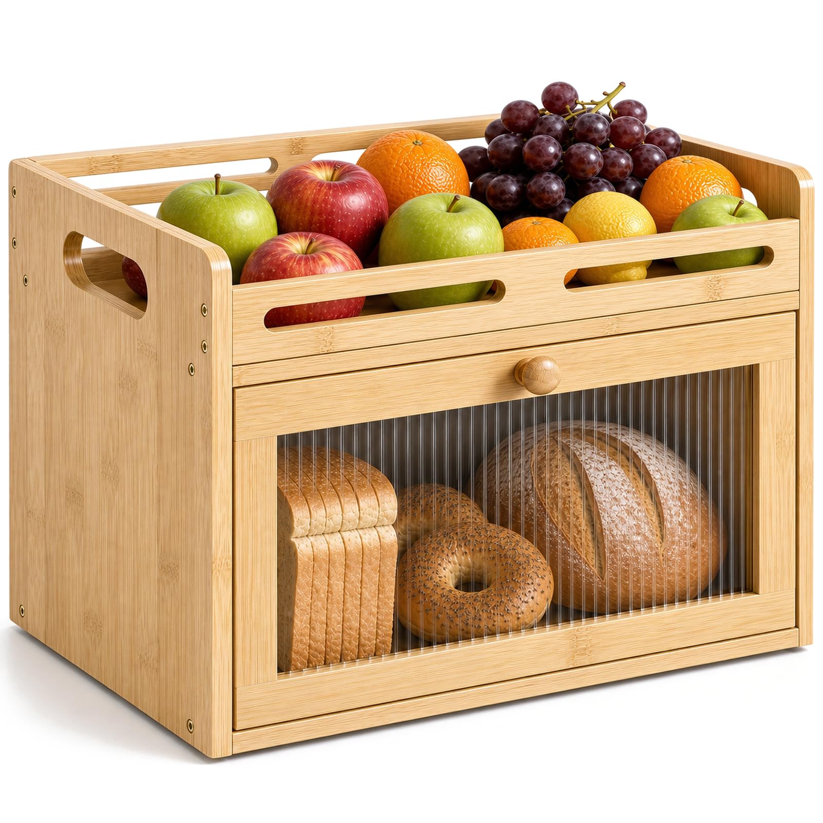 Bread Box for Kitchen Countertop, Bamboo Storage Container with Top Shelf