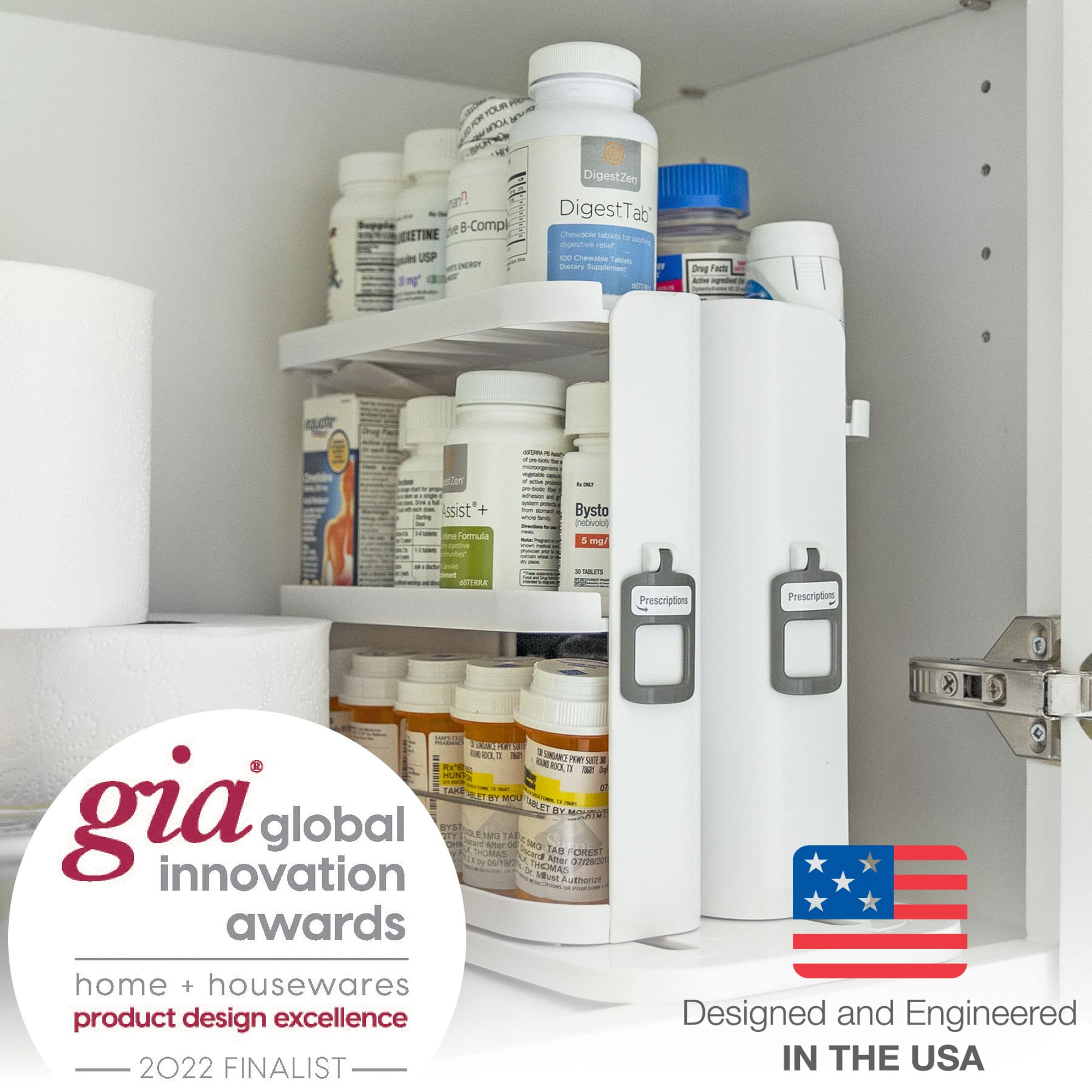 Cabinet Caddy SNAP! Sliding Spice Rack Organizer for Cabinet - Pull & Rotate Seasoning Organizer - 3 Snap-In Adjustable Shelves