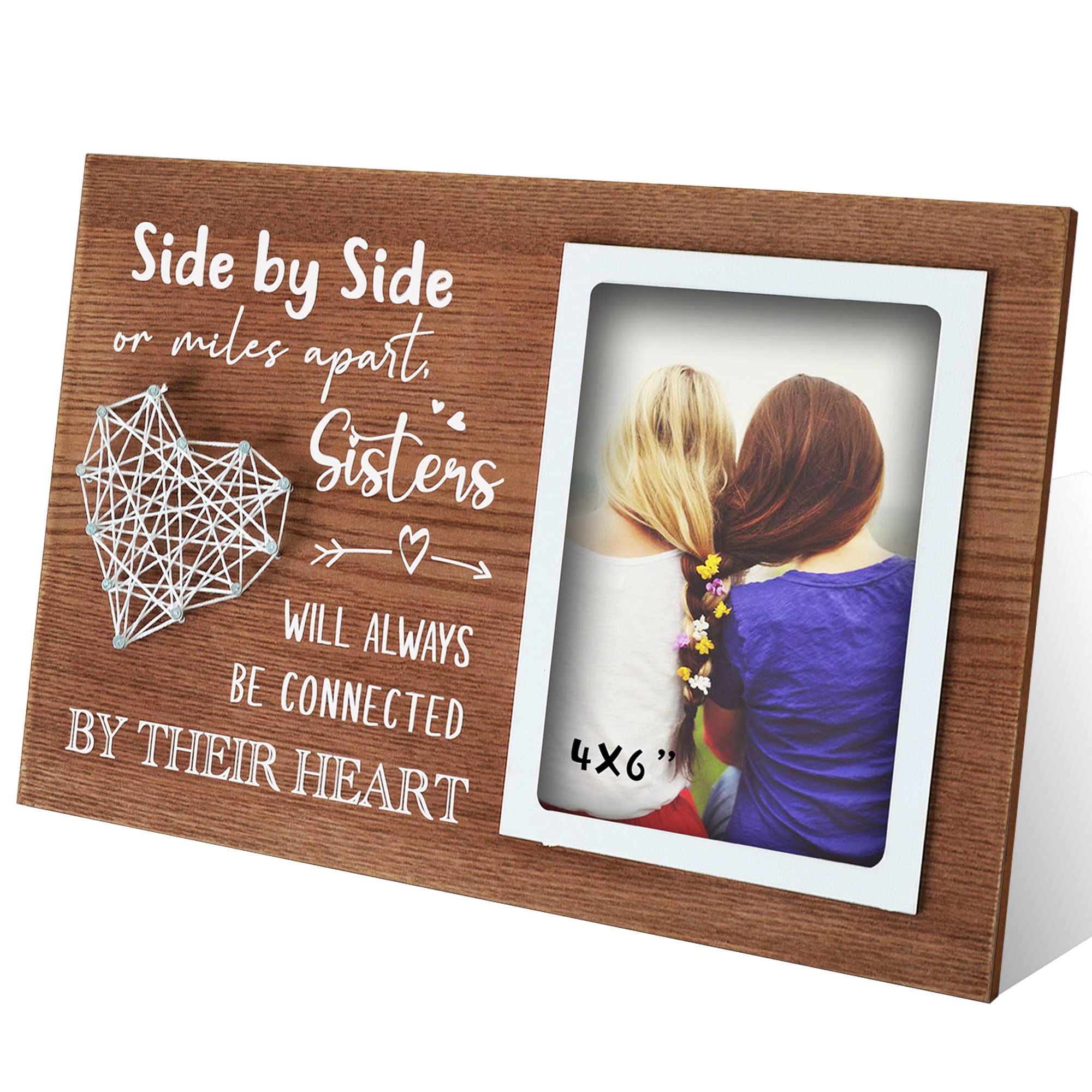 EXQUIDECA Long Distance Relationship Sister Gift - Hand String Heart Picture Frame 4x6 Inches - Friendship Bestie BFF Meaningful