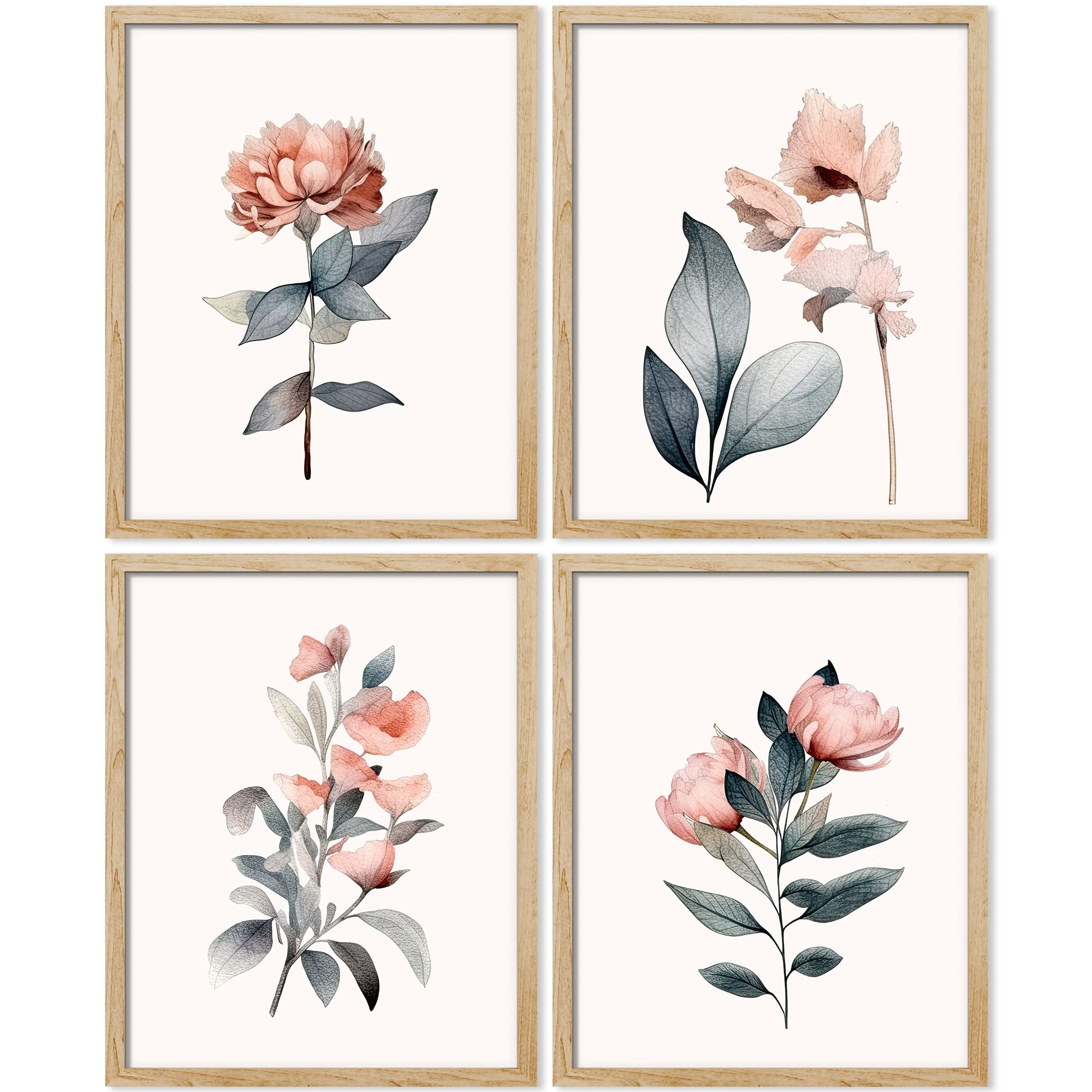 Signwin Framed Teal & Pink Pastel Rose Flowers Wall Art, Set Of 4 Nature Wilderness Wall Decor Prints, Botanical Floral Wall D