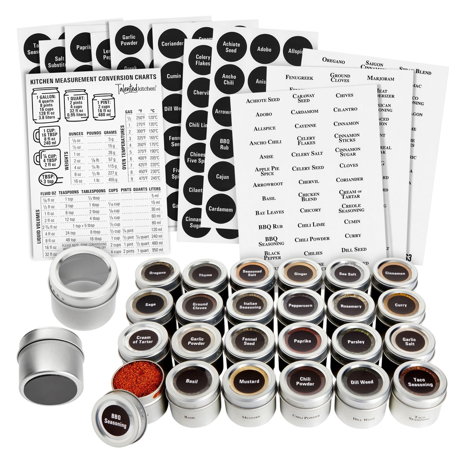 Talented Kitchen Magnetic Spice Jars - 3 oz, Stainless Steel, 24-Pack - Spice Tins with Sift & Pour Lids & Fridge Magnets for Ki