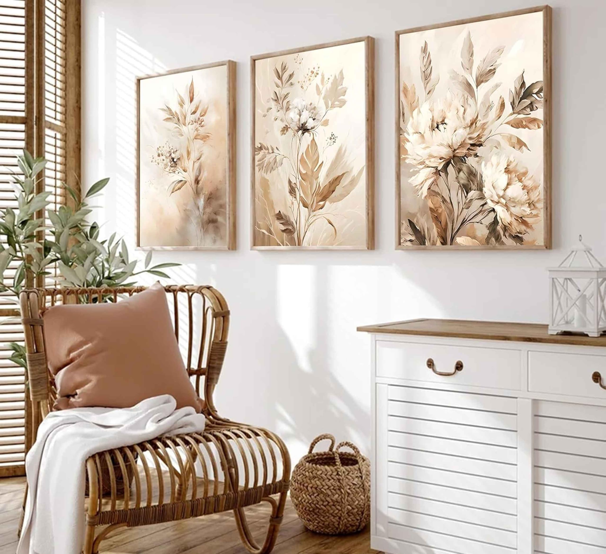 3 Pcs Beige Neutral Flower Canvas Wall Art Wildflowers Floral Botanical Painting Picture Wall Decor Poster Print Artwork For Bed