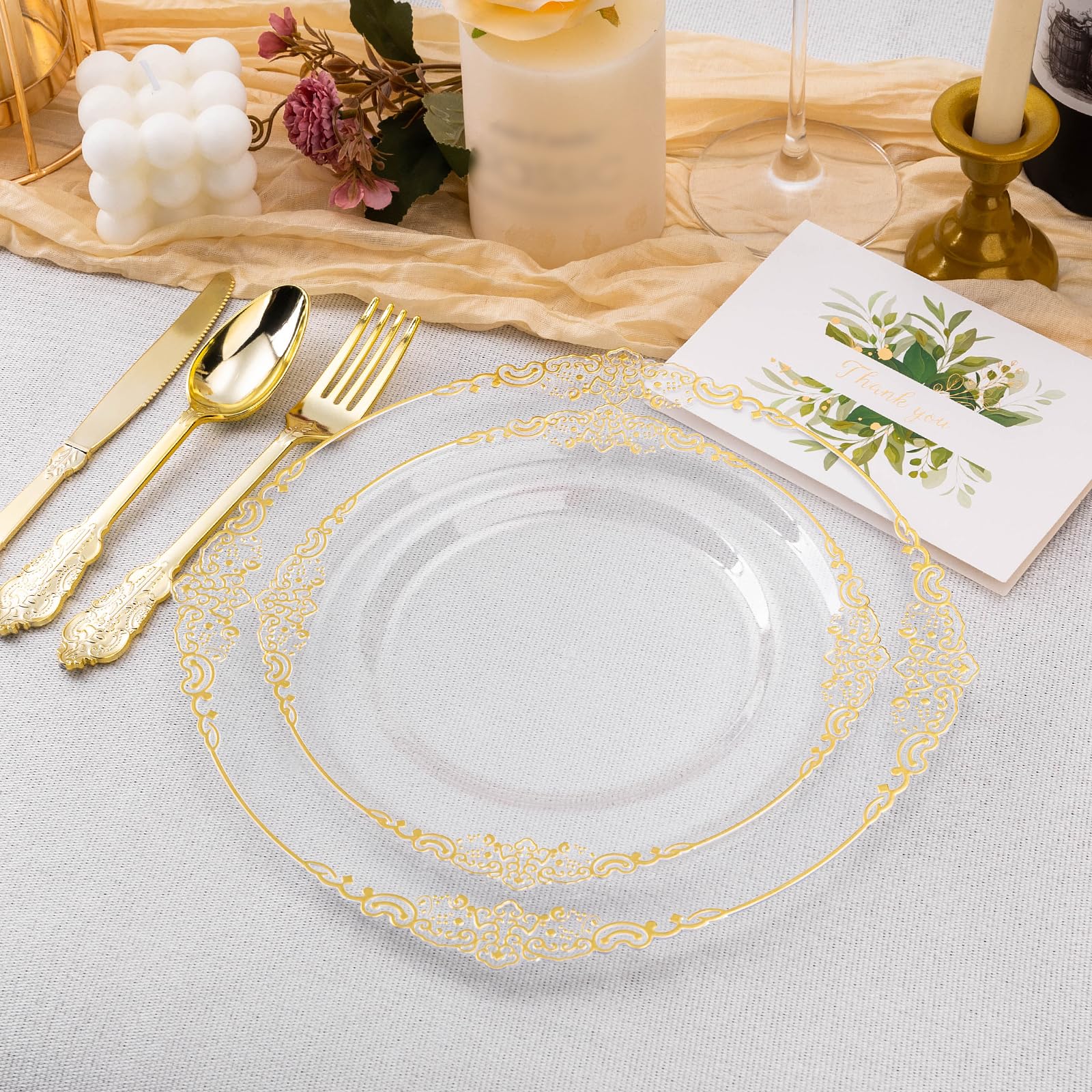 200 Pcs Clear And Gold Plastic Plates For 100 Guests, Elegant Clear Disposable Plates With Gold Rim, Include 100 Pcs Dinner Plat