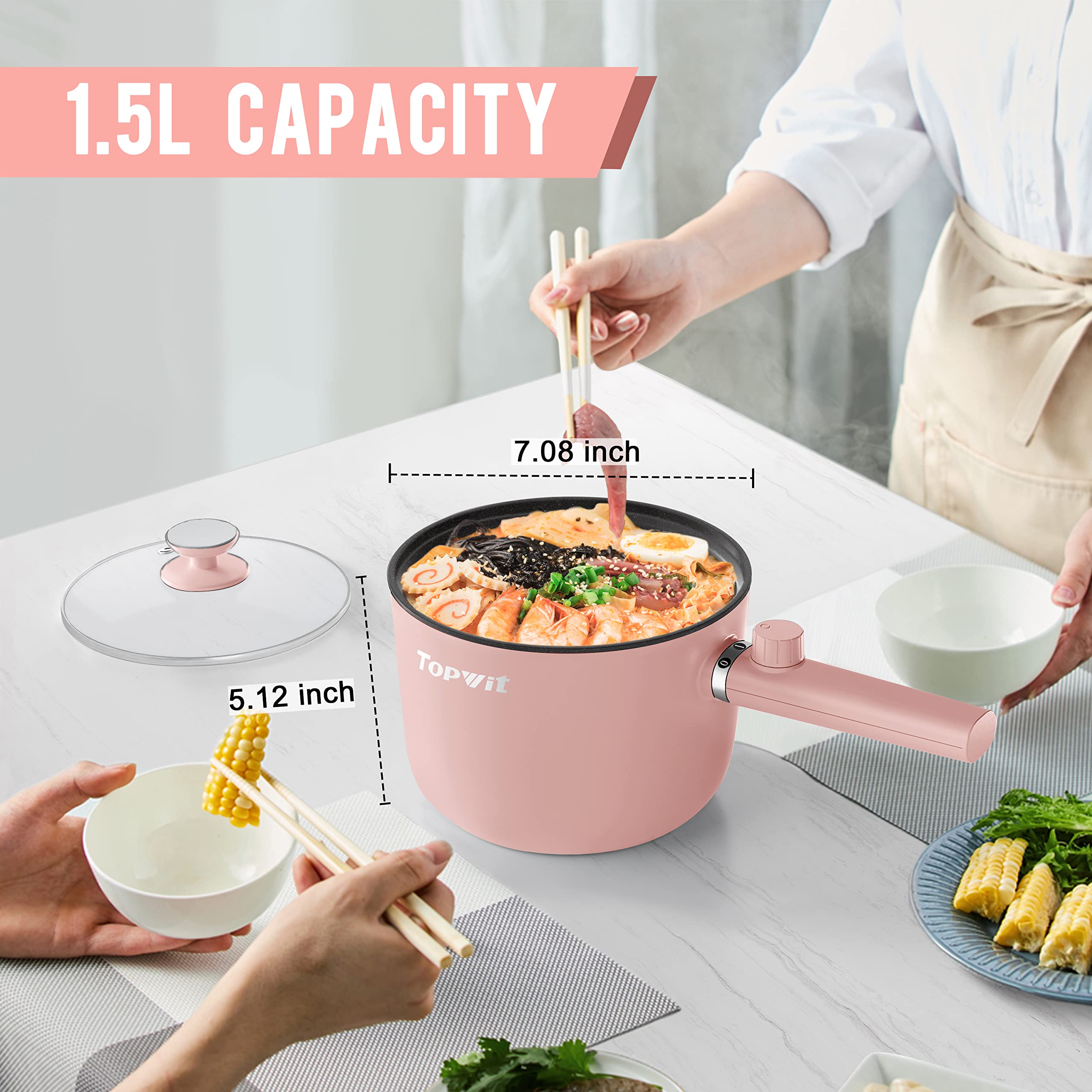Topwit Hot Pot Electric, 1.5L Ramen Cooker, Portable Non-Stick Frying Pan, Electric Pot For Pasta, Steak, Bpa Free, Electric Coo