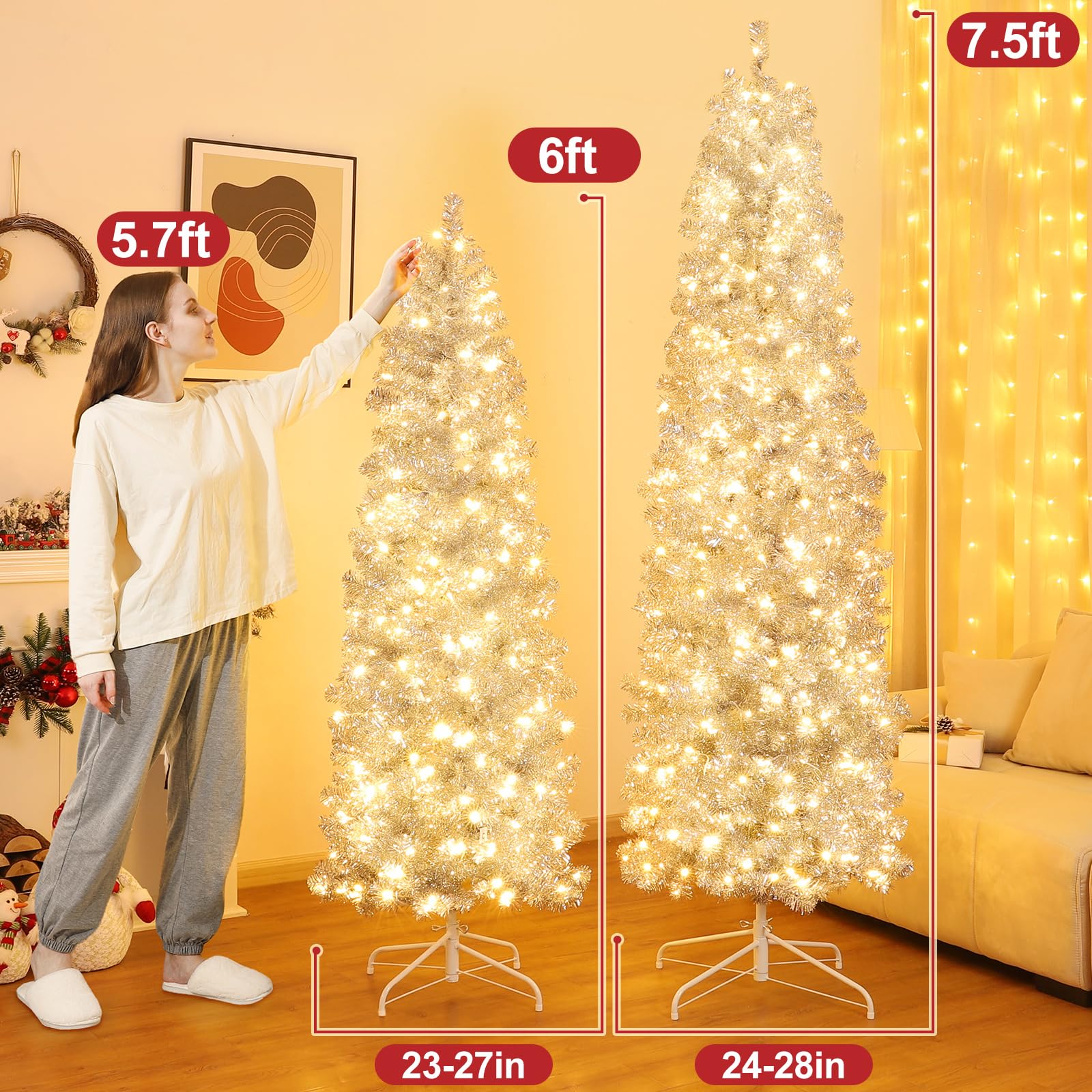 Decoway Pre-lit Pencil Christmas Tree 7.5ft Artificial Silver Tinsel Xmas Tree with Metal Stand