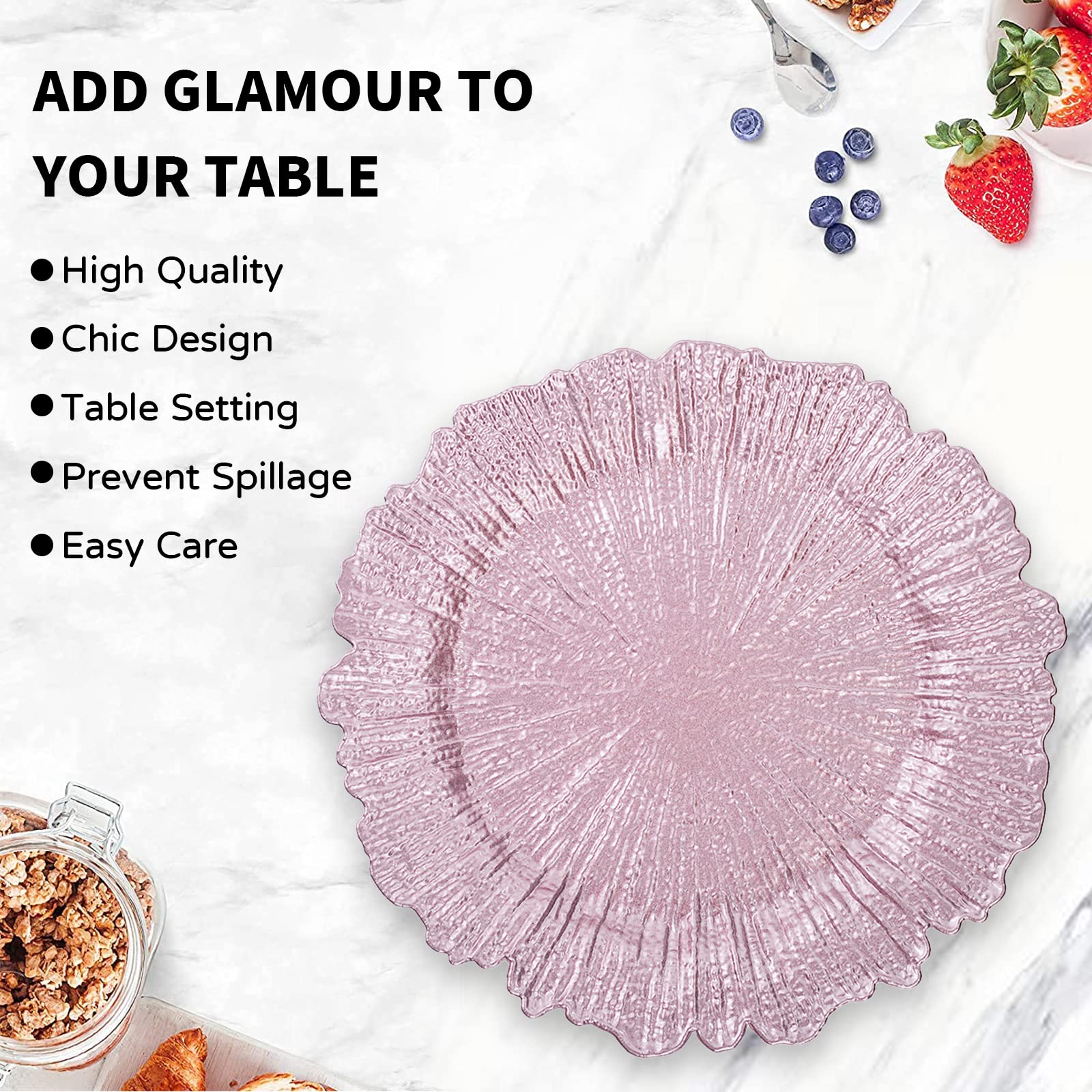 Maoname Round 13'' Reef Charger Plates, Plastic Plate Chargers For Dinner Plates, Wedding, Elegant Decoration (6, Pink)
