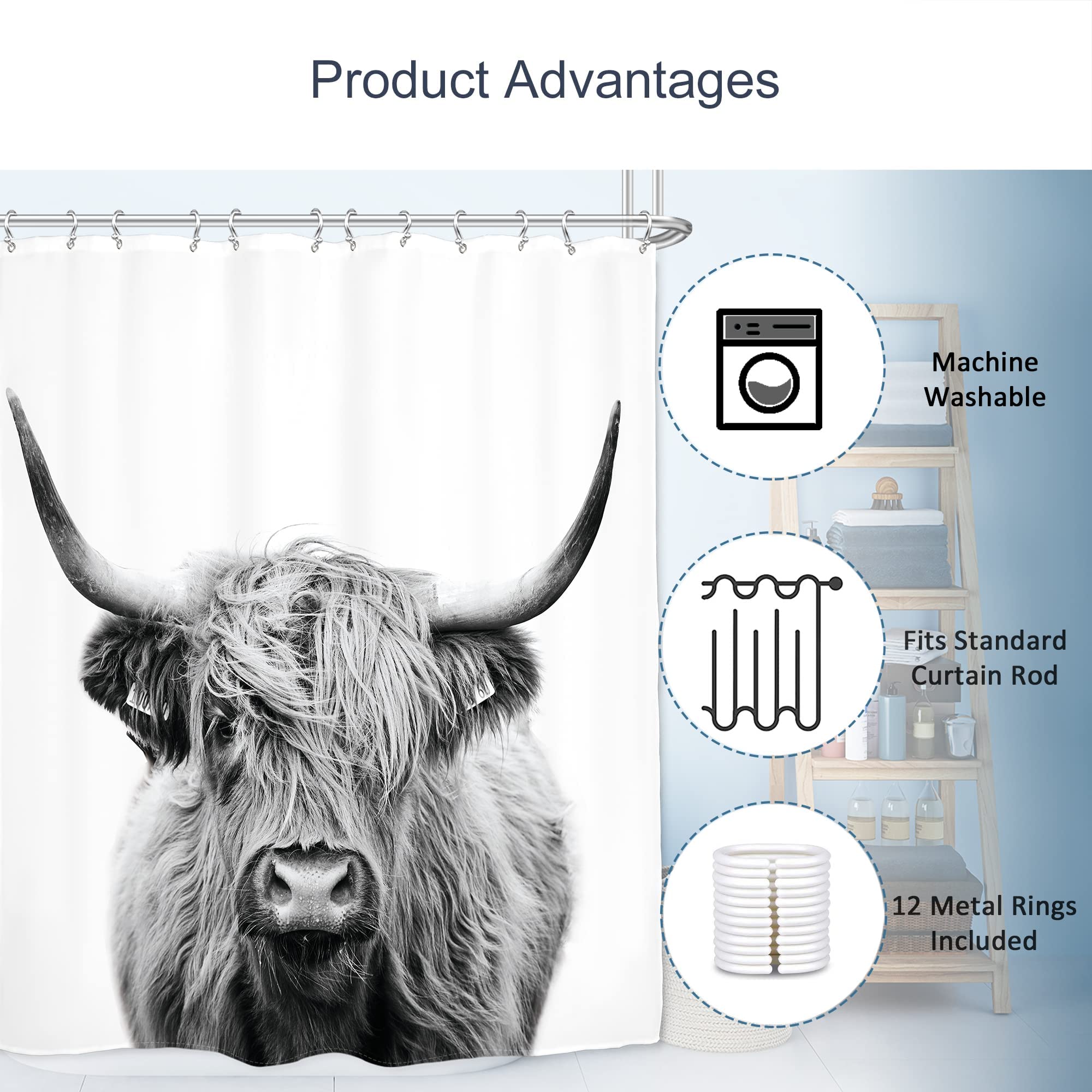 AMBZEK Western Cow Shower Curtain 72Wx72H Inch Bull Highland Cow Portrait Primitive Farm Bathroom Accessories Farmhouse Cattle Animal Wildlife Funny White Art Fabric Bathroom Decor Set with 12 Hooks