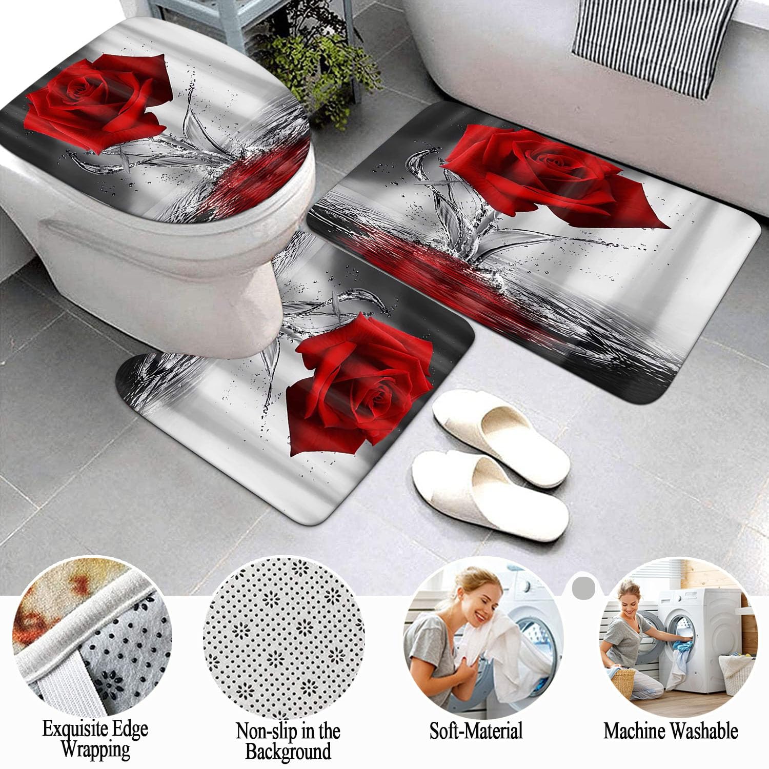 Omebero 4Pcs Water Red Rose Shower Curtain Sets, Romantic Flower Christmas Bathroom Decor Sets With Shower Curtain And Rugs, Toi