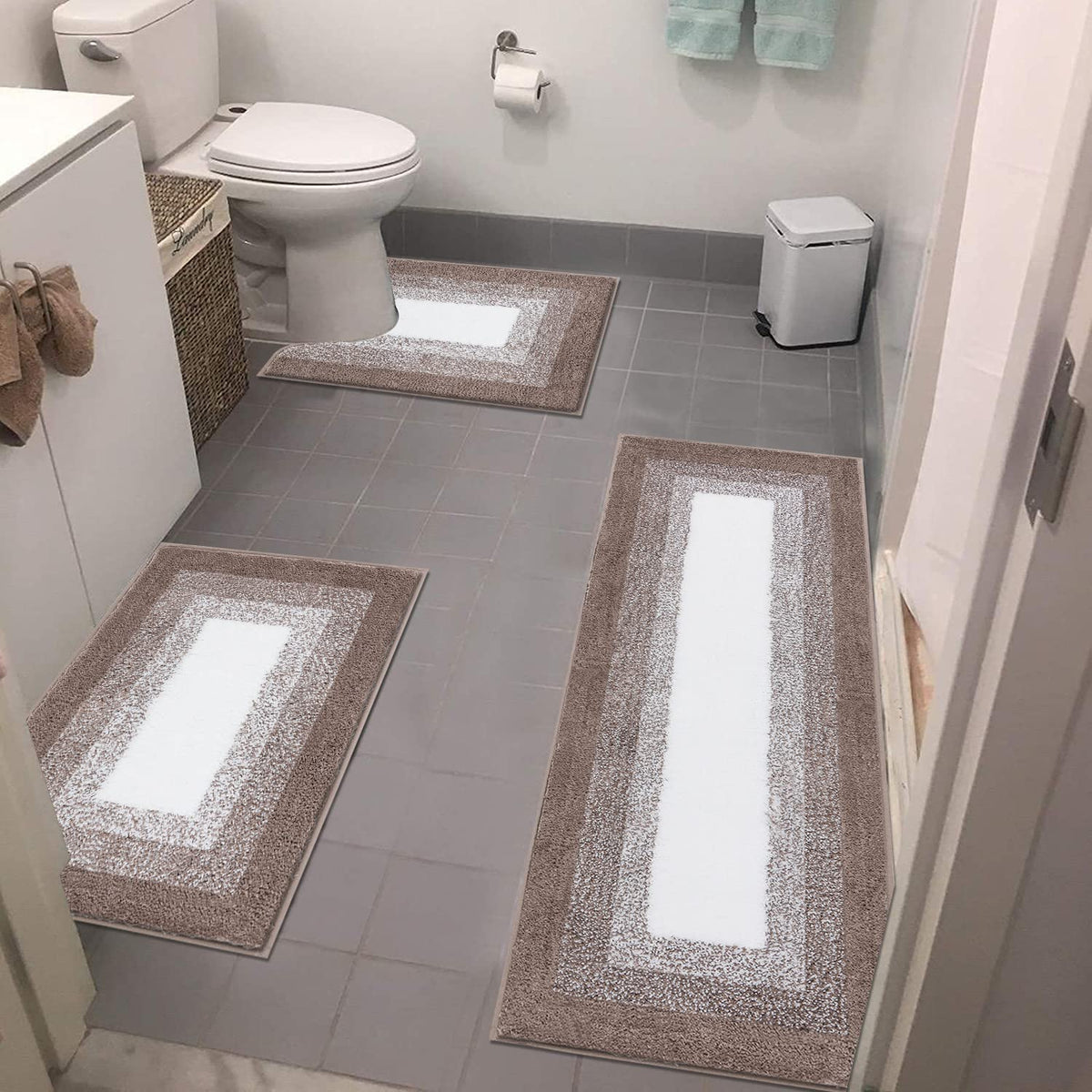 Bsmathom Bathroom Rugs Sets 3 Piece, Plush Shaggy Bathroom Rugs Non Slip Washable, Absorbent Microfiber Bath Mat With U-Shaped C