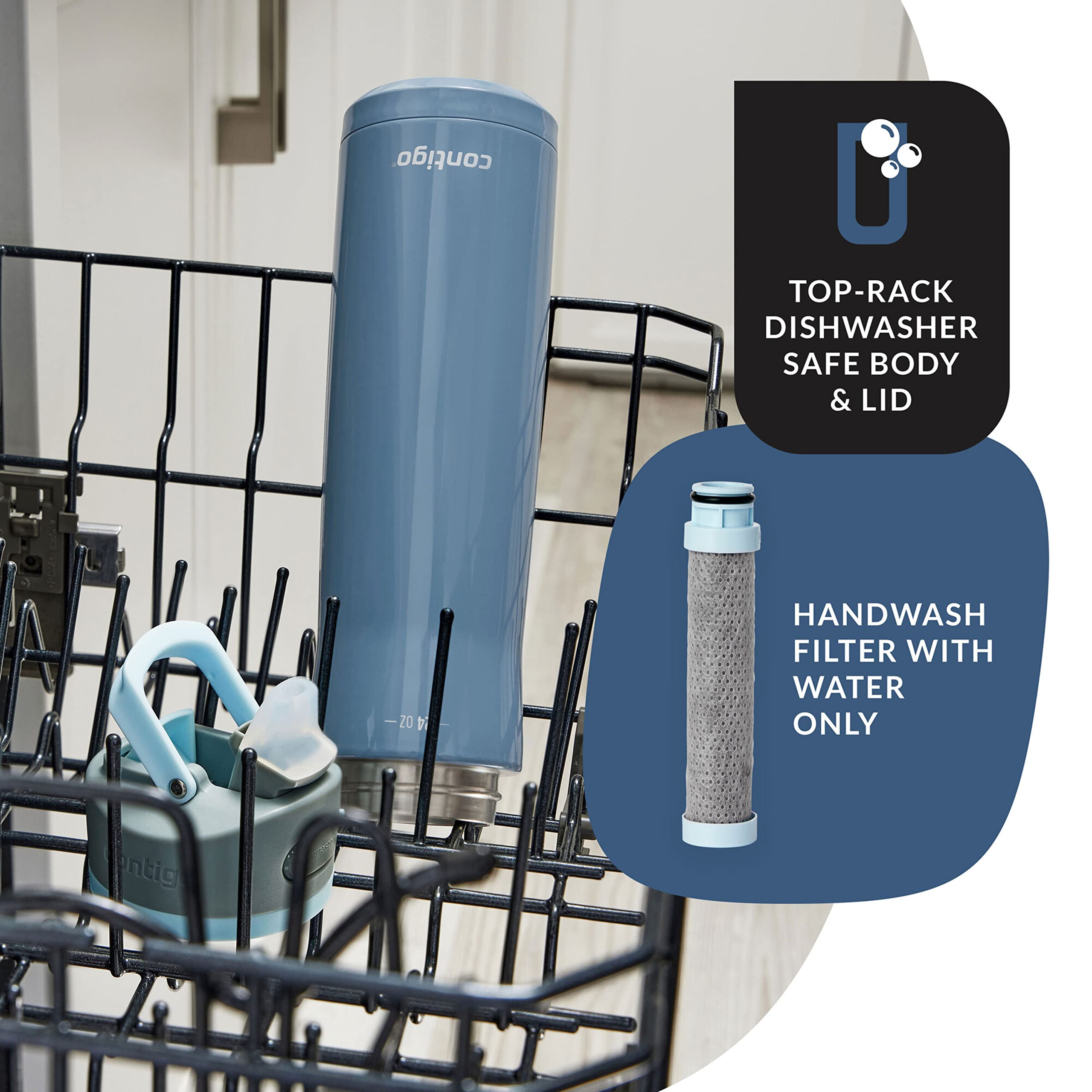 Contigo Wells Chill Stainless Steel Filter Water Bottle With Autospout Straw Lid, 24Oz., Dark Ice