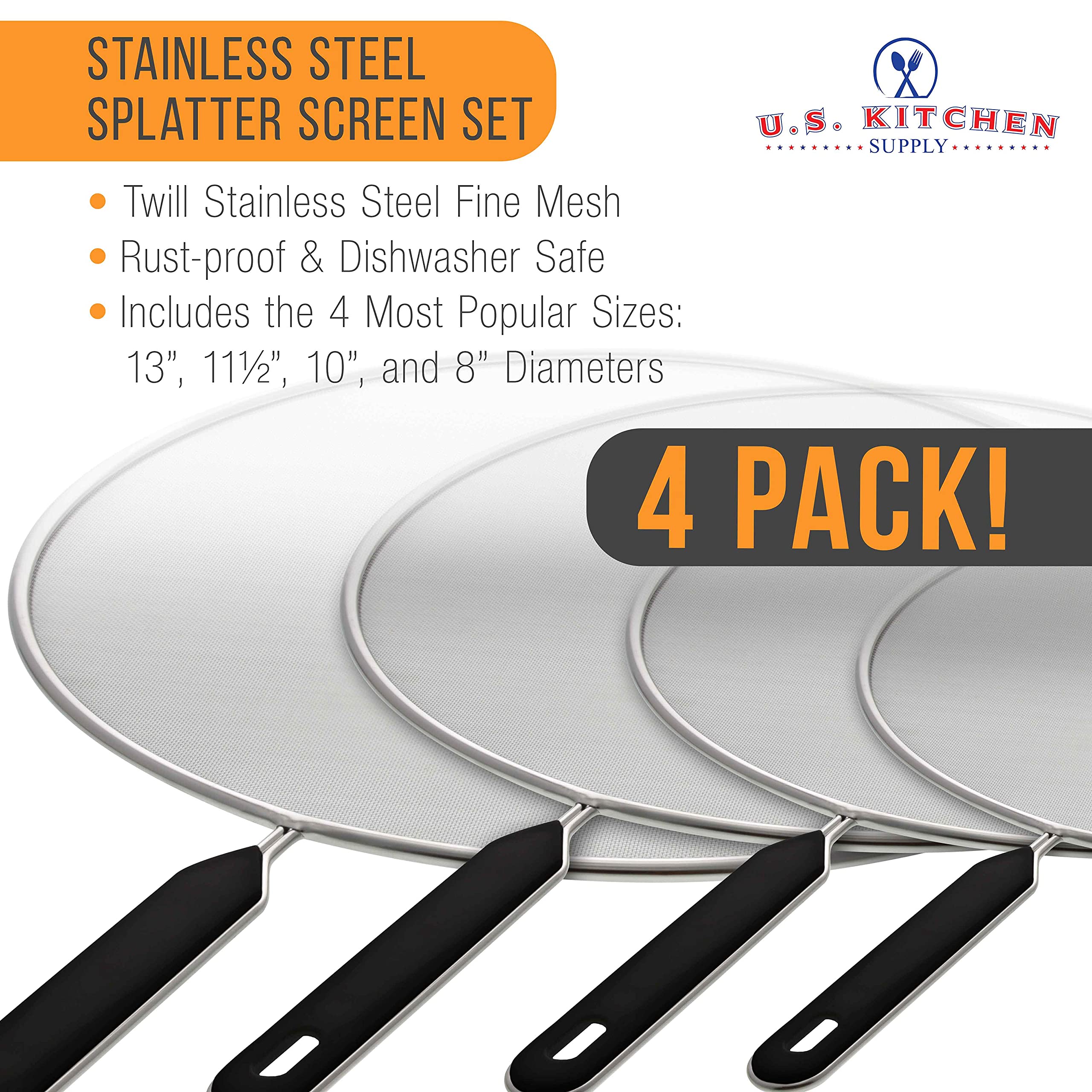 U.S. Kitchen Supply Set Of 4 Classic Splatter Screens, 13'', 11.5'', 10'', And 8'' - Stainless Steel Fine Mesh, Comfort Grip Han