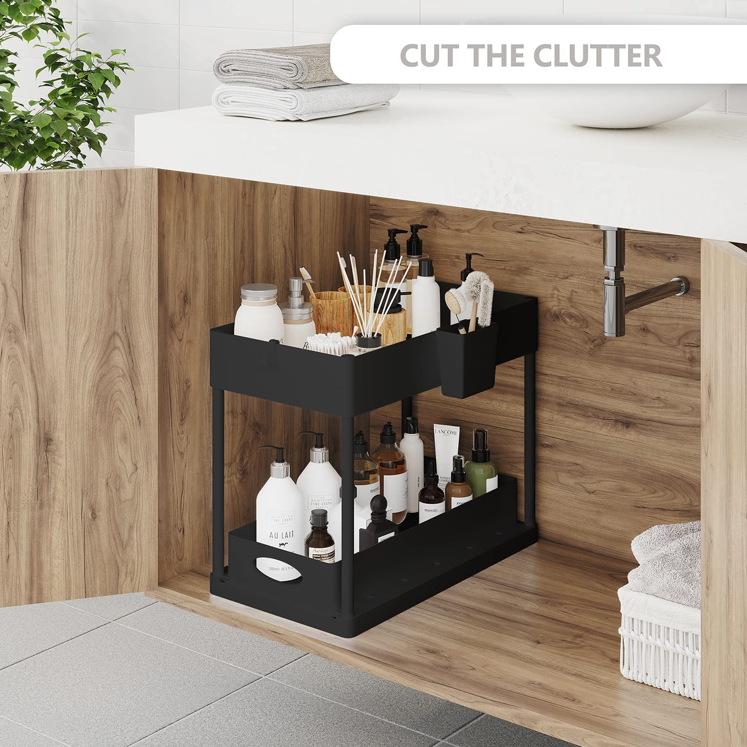 Under Sink Organizers And Storage, Bathroom Cabinet Organizer, Sink Shelf With Utility Hooks And Side Caddy For Under Cabinet St