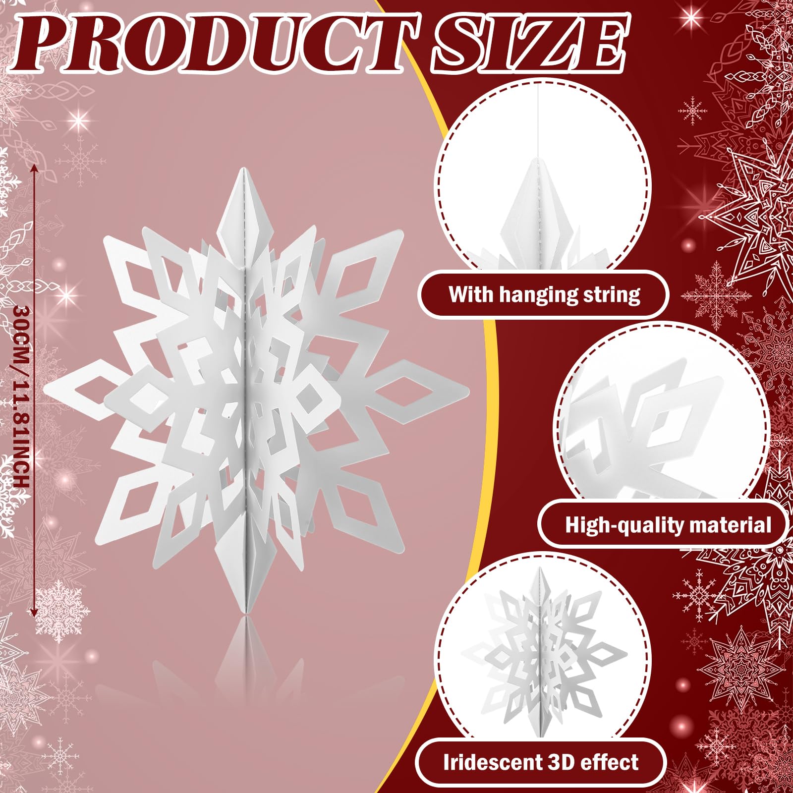 Syhood 6 Pcs 12 Inch Christmas Large Hanging Snowflake Decoration White Winter Outdoor 3D Holographic Paper Giant Craft Snowflak