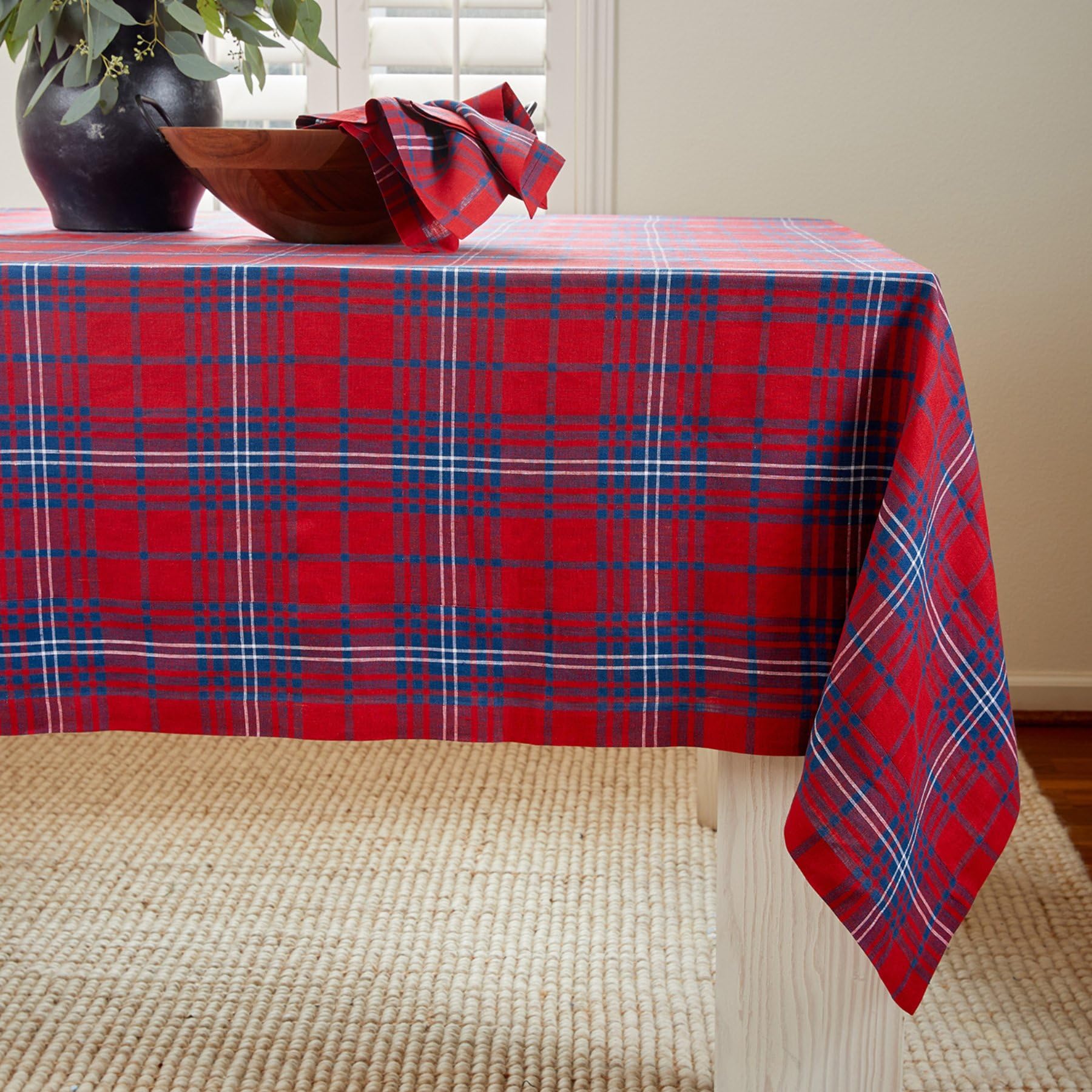 Solino Home Tablecloth 120'' L X 60'' W Inch - 100% Pure Linen Red And Navy Tartan Plaid Tablecloth - Handcrafted And Machine Wa