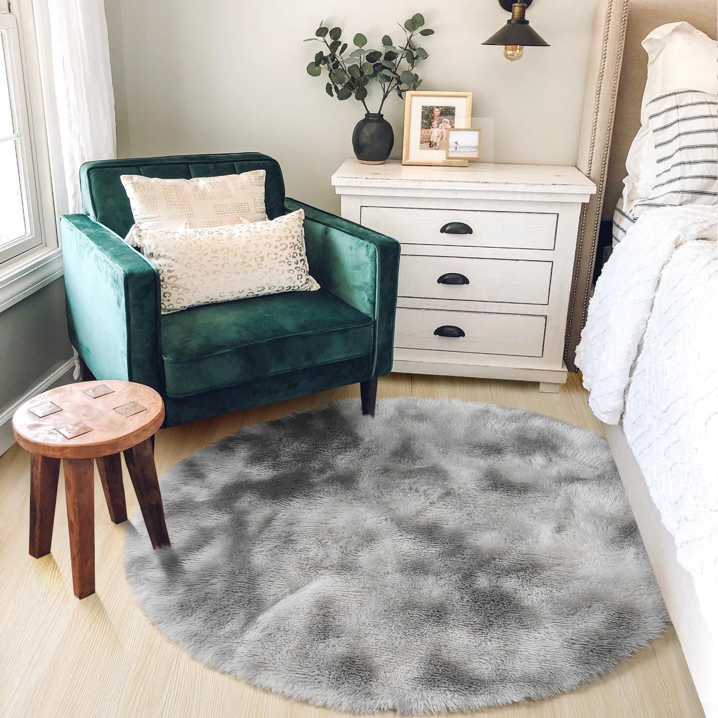 Amdrebio Tie-Dye Light Grey Round Circle Area Rugs 5Ft for Living Room Bedroom, Soft Fluffy Fuzzy Shag Rug for Kids Room Home Of