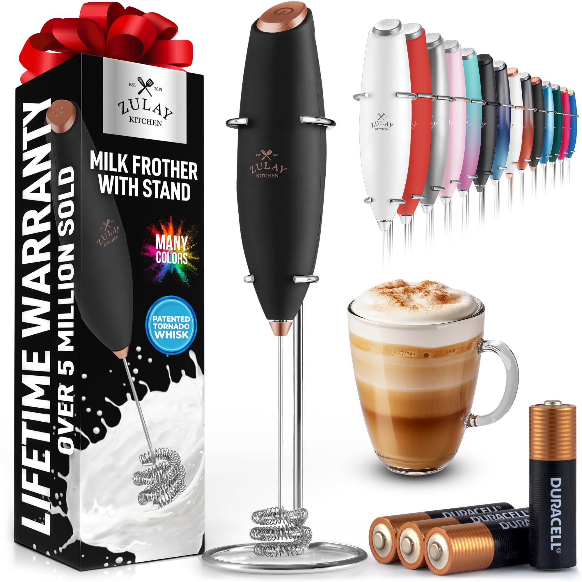 Zulay Kitchen Patented Tornado Triple Whisk Milk Frother with 4 Duracell Batteries - Handheld Foam Maker for Coffee, Lattes, Mat