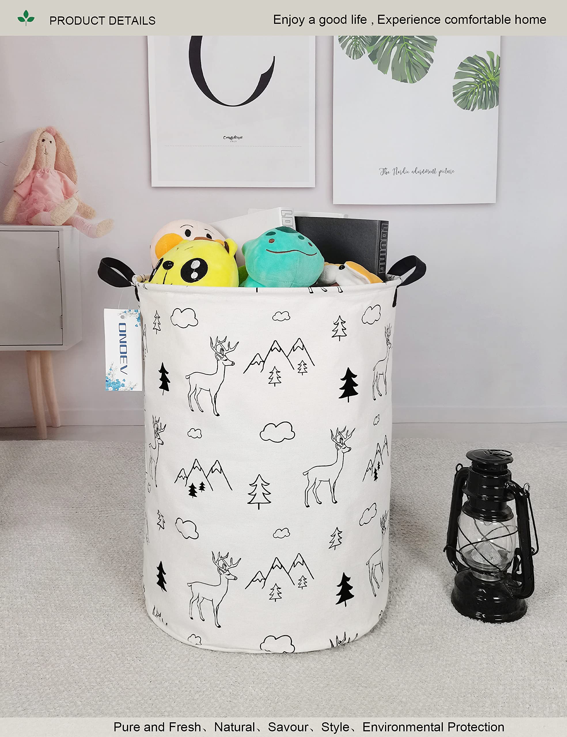 ONOEV Round Fabric Storage Bin Decorative Basket Organizer Basket with Handles for Clothes Storage books and sundries(Forest deer)  19.7inch(H) x 15.7inch(D)