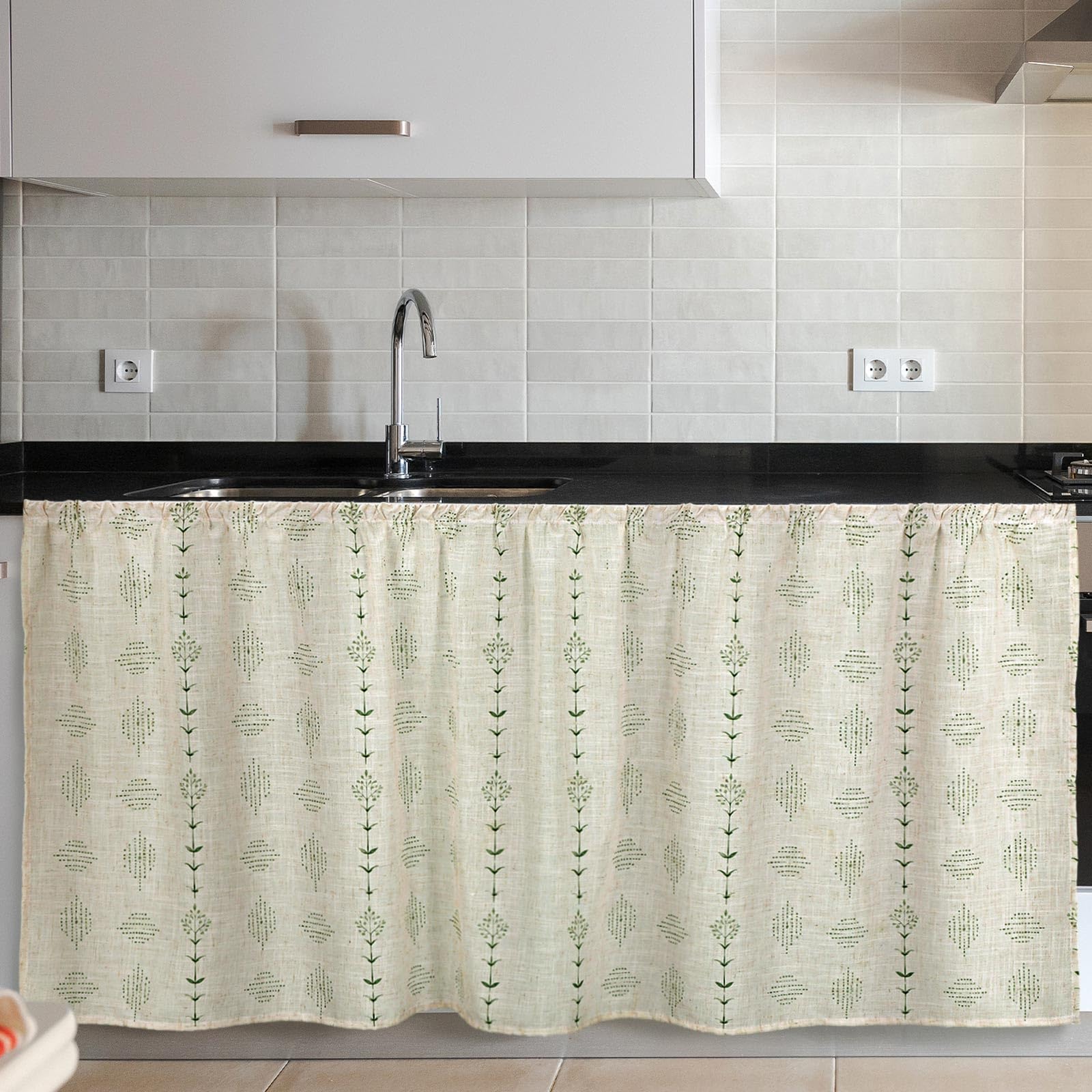 VitalCozy Cabinet Curtain 28 W x 51 L Sink Skirt for Bathroom Kitchen Green Flowers Striped Short Curtain for Home Classroom Far