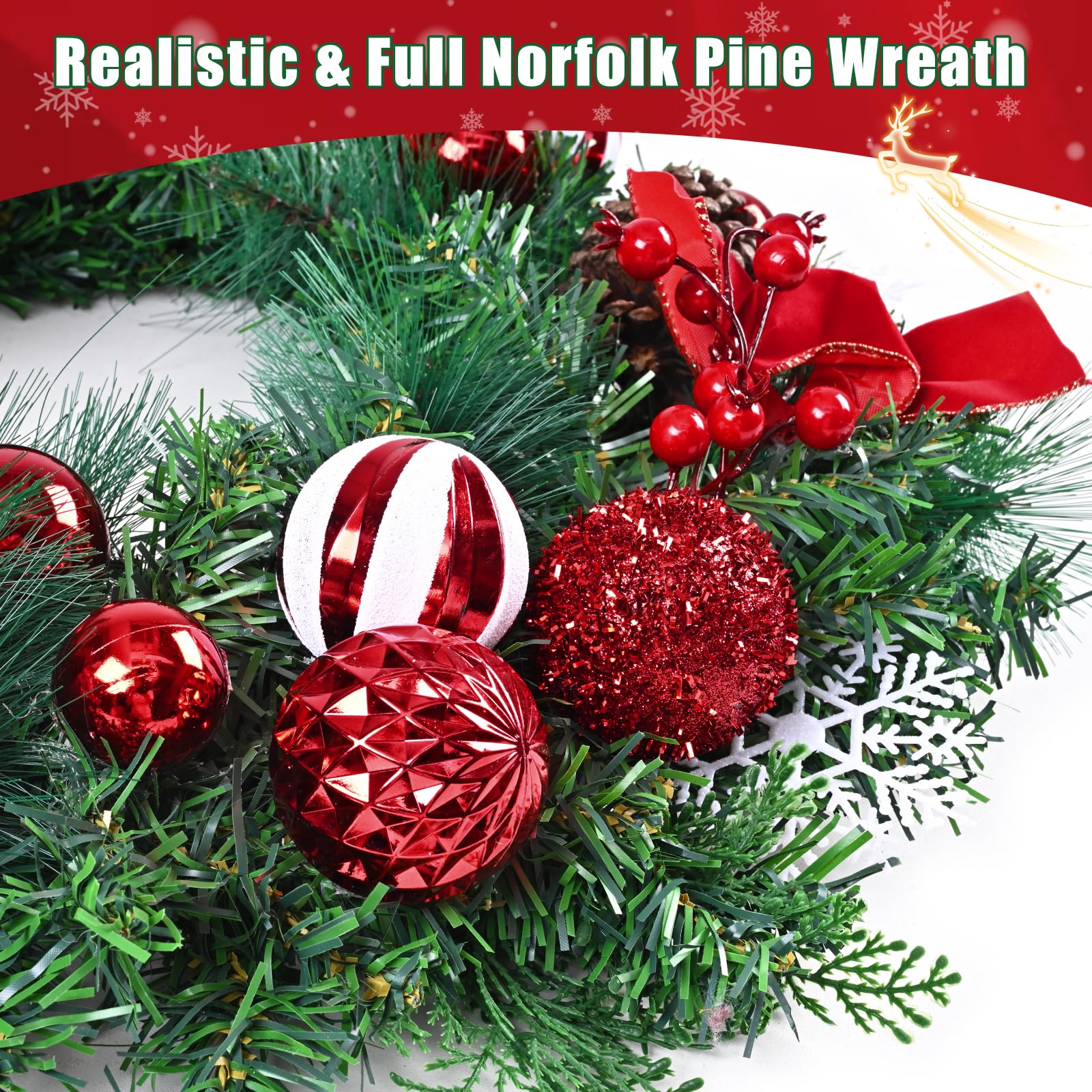 Christmas Wreaths for Front Door - 2 Pack 18'' Christmas Wreath with Lights Bow Berries Cones Pine Needles, Christmas Door Wreat