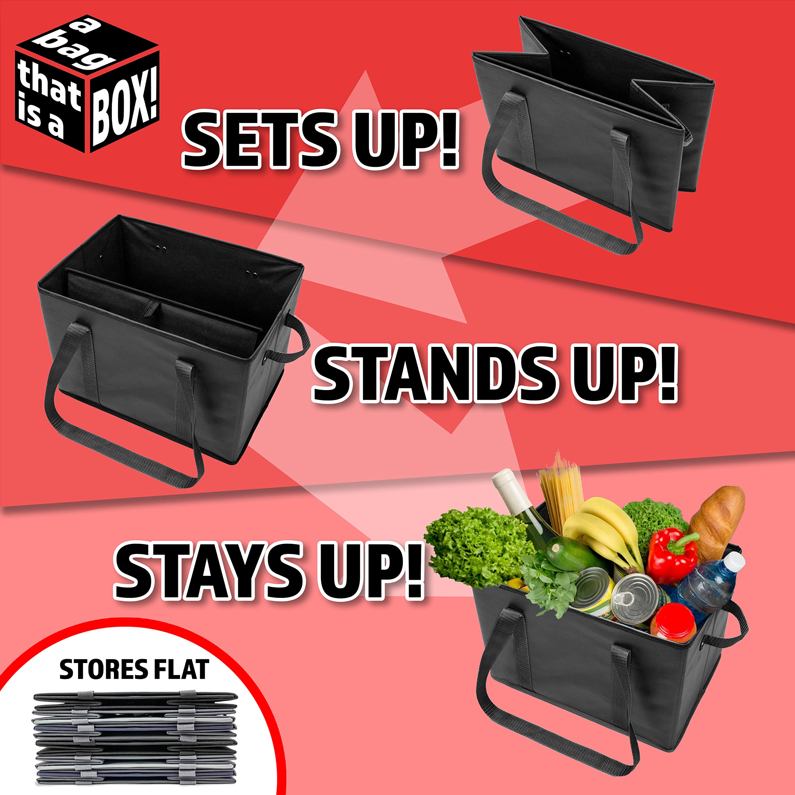 Bag-That! 4Pk Reusable Grocery Bags Shopping Bags Tote Box Large Heavy Duty Groceries Bag Handles Foldable Reinforced Bottom (Bl