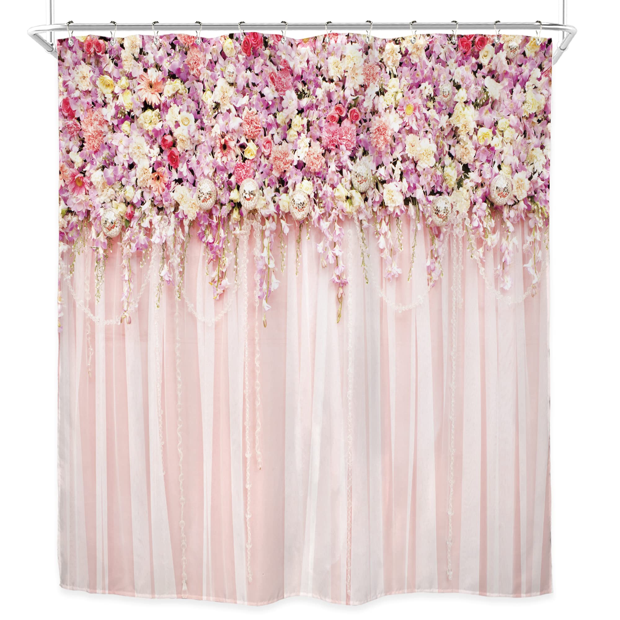 Riyidecor Pink Bridal Floral Shower Curtain for Bathroom 72Wx72H Inch Flower Rose Pattern Bath Set for Woman Girl Spring Nature Bathtub Accessories Fabric Panel Waterproof Plastic 12 Pack Hooks