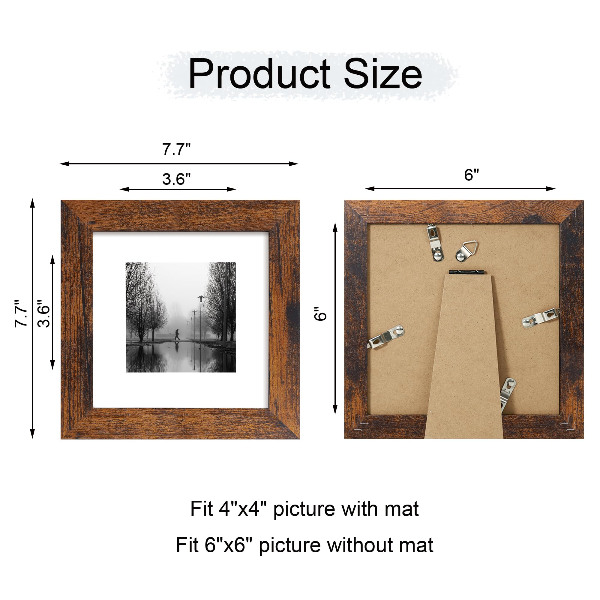 iRahmen 6x6 Picture Frame Set of 4 with Real Glass, Rustic Frames Display 4x4 Picture with Mat or 6 x 6 Without Mat, Square Phot