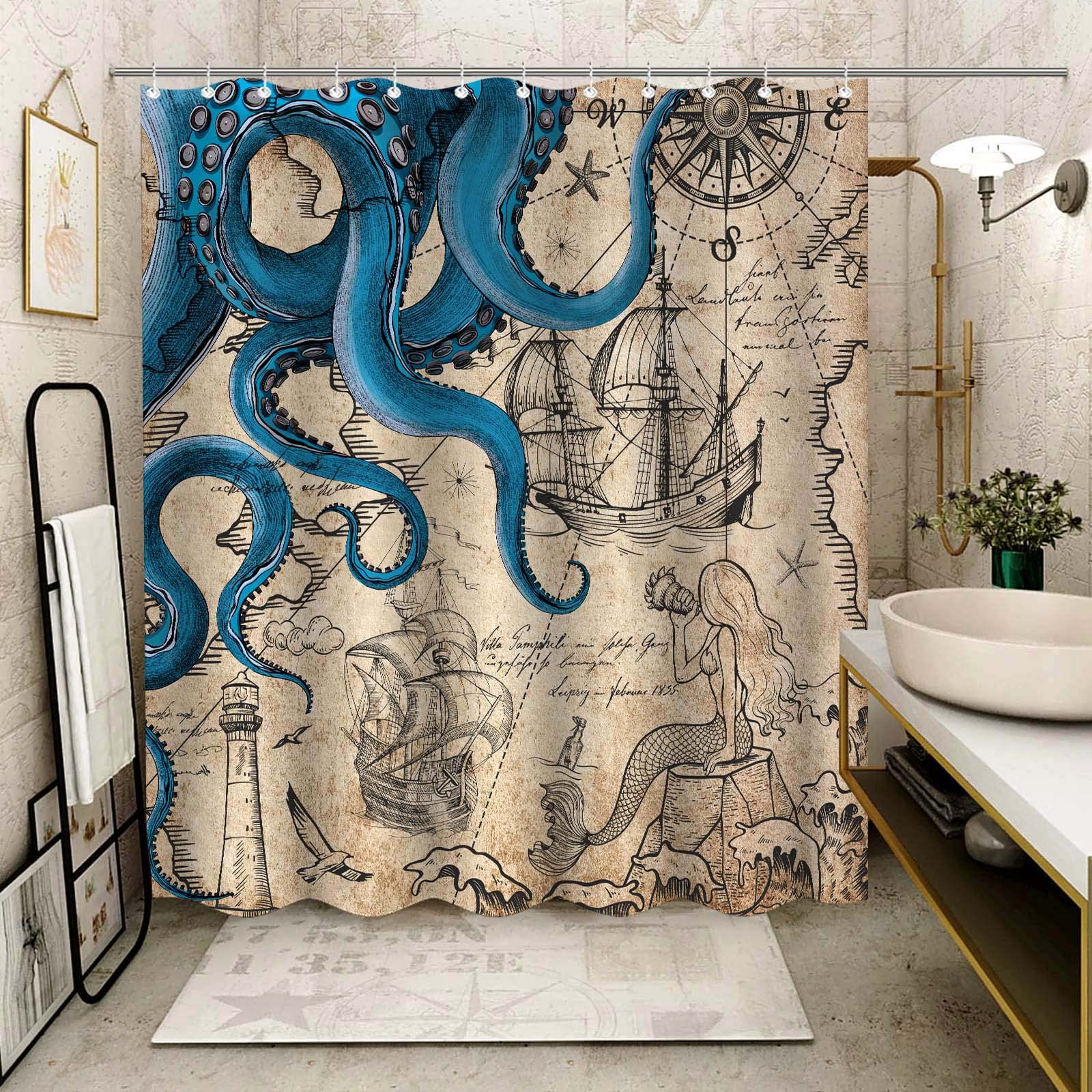 Fungarth Vintage Nautical Octopus Shower Curtain Navy Blue Mermaid Funny Ocean Kraken Shower Curtains For Bathroom Anchor Coasta