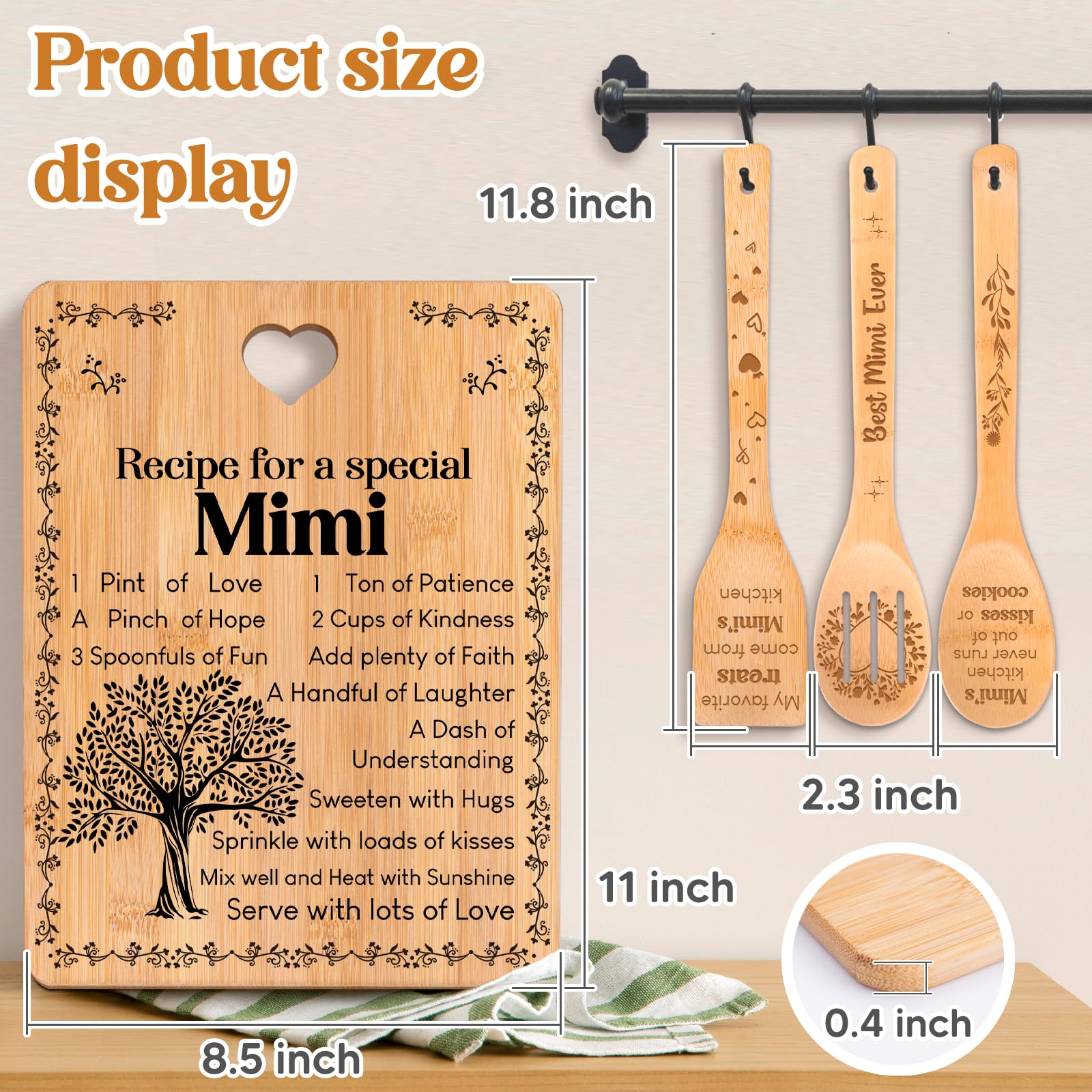 Mimi Gifts -  Recipe for a Special Mimi  Gifts for Mimi Cutting Board Set, Bamboo-Made Engraved Utensil Set Best Mimi Ever Gifts
