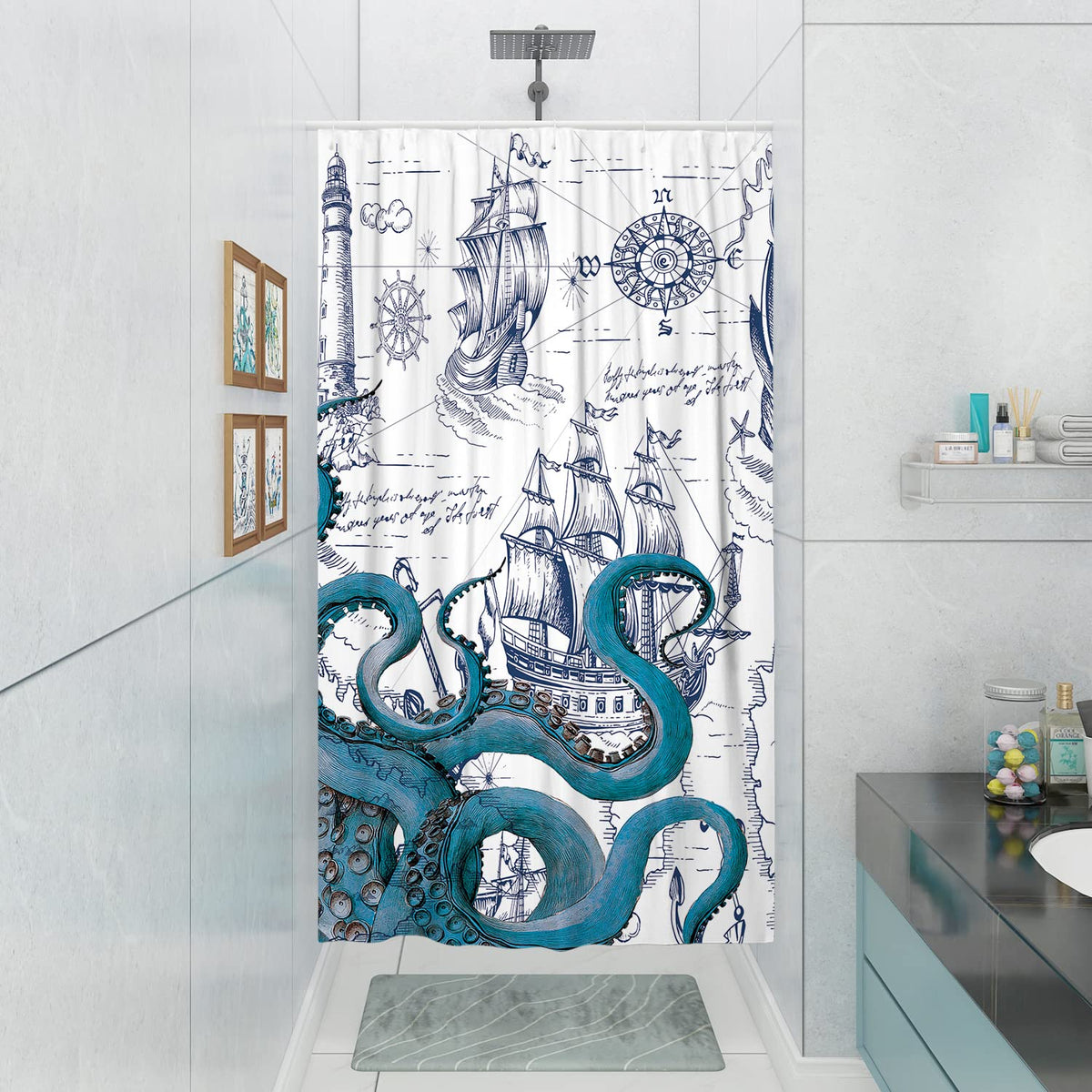 Desihom Blue Nautical Octopus Small Shower Stall Curtain Set, Funny Ocean Kraken Shower Curtains For Bathroom, Beach Coastal Pir