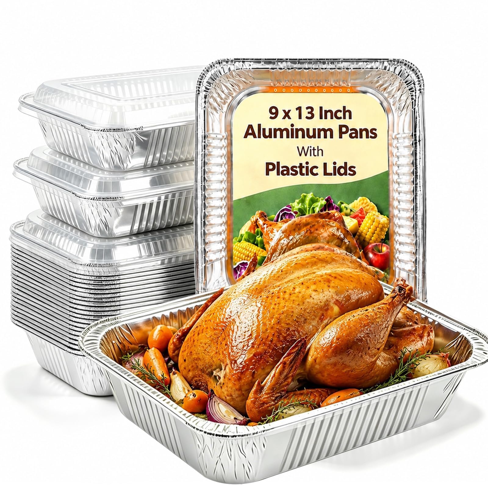 JOCHER 9x13 Inch Aluminum Pans with Clear Lids [25 Sets] Half Size Disposable Tin Foil Pans Trays with Lids,Deep Baking Pans For