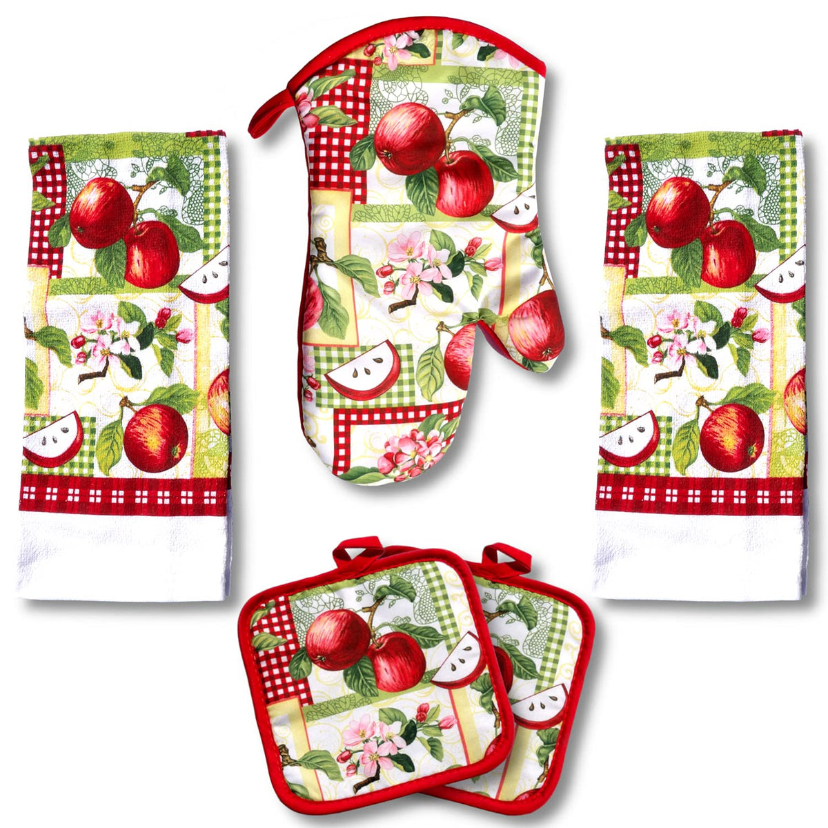 Lobyn Value Packs - 5 Piece Country Kitchen Towel Set: Features Red Apples On A Patchwork Quilt, 2 Decorative Dish Towels, 1 Ove