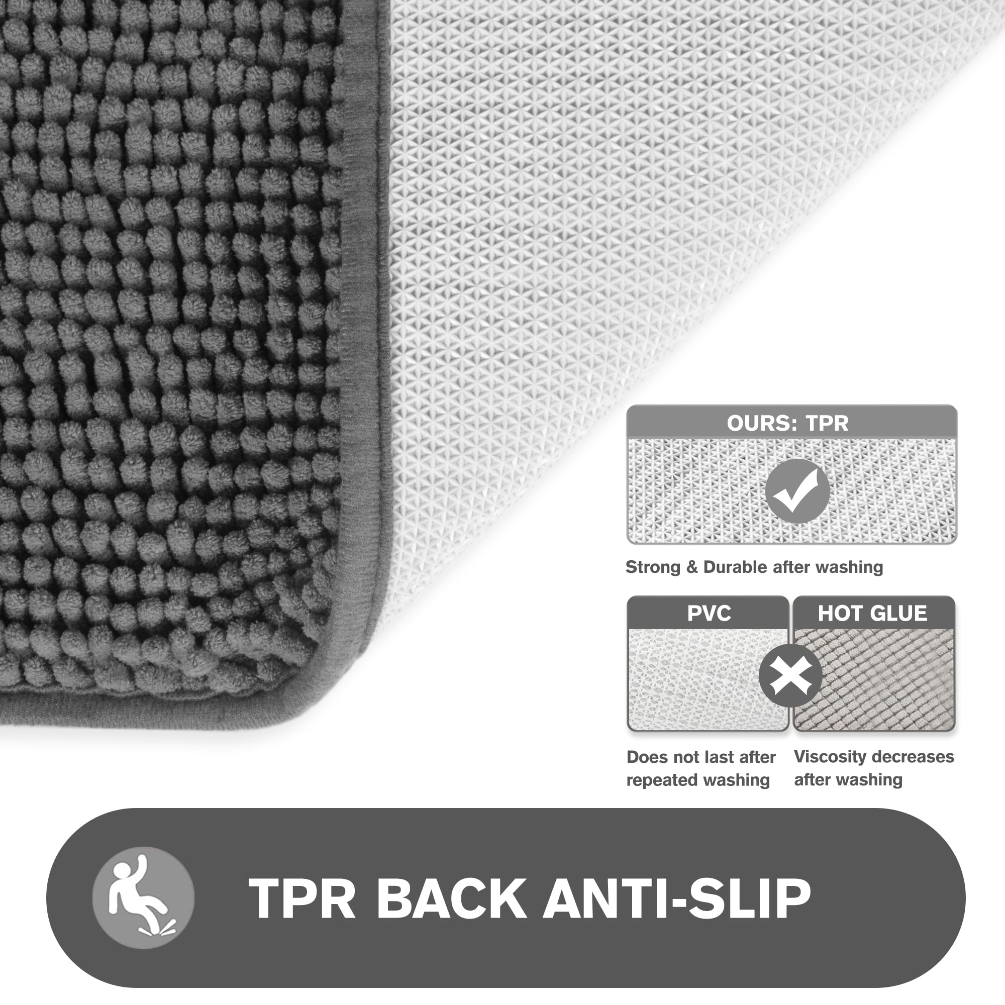 Pureswan Gray Bathroom Rugs Sets 2 Piece - Absorbent And Washable Bath Mat, Non-Slip, Thick Soft Chenille Bath Rugs For Bathroom