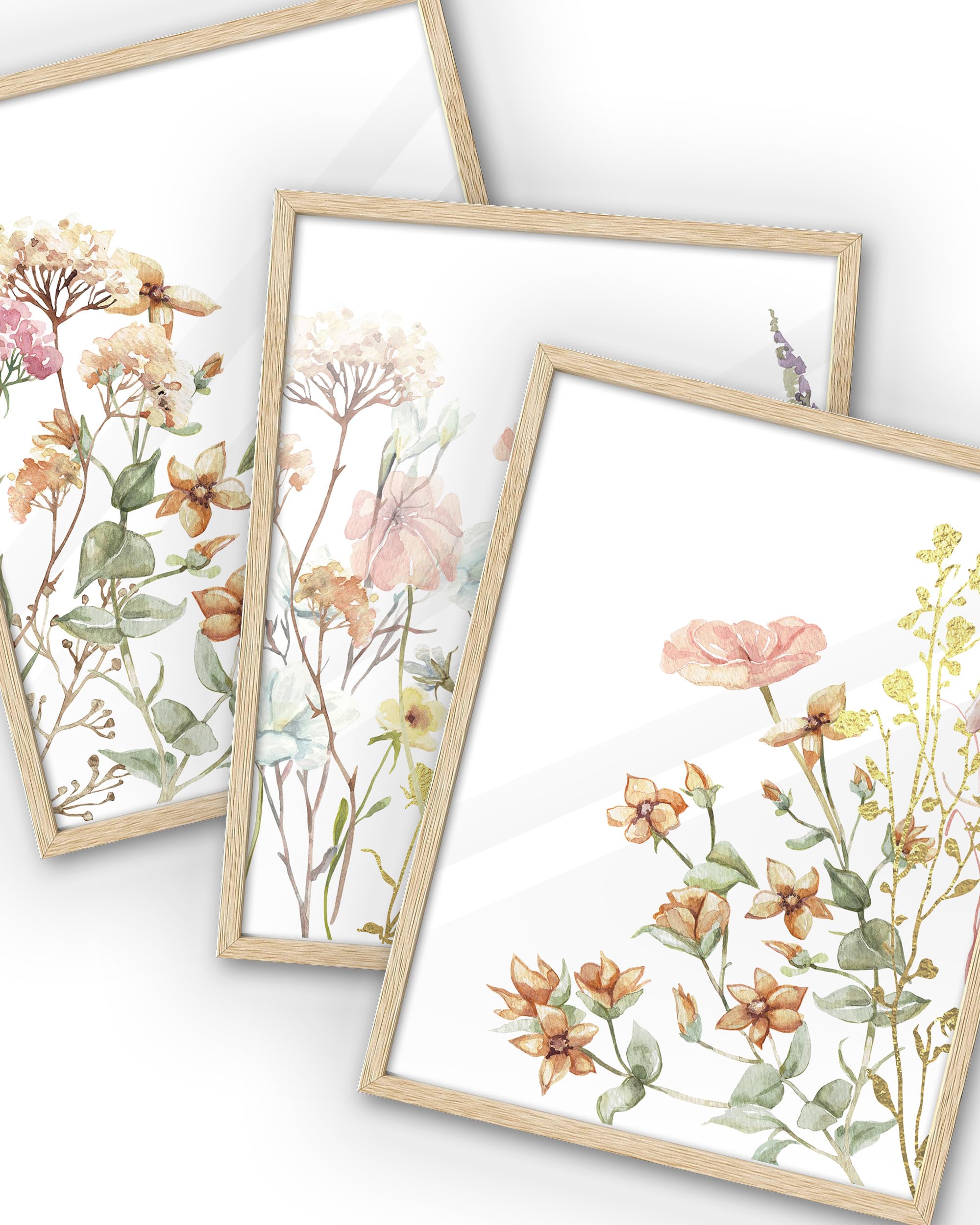 Ihery Natural Oak Wood Framed Combined Floral Wall Art, 12X16 In Set Of 3 Color Wildflower Canvas Prints, Beige Narrow Frame Bot