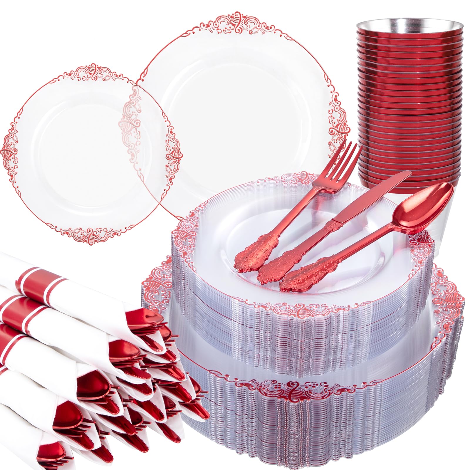 Hioasis 350Pcs Clear And Red Plastic Plates, Red Dinnerware Set For 50 Guests Include 50 Dinner Plates,50 Dessert Plates,50 Pre