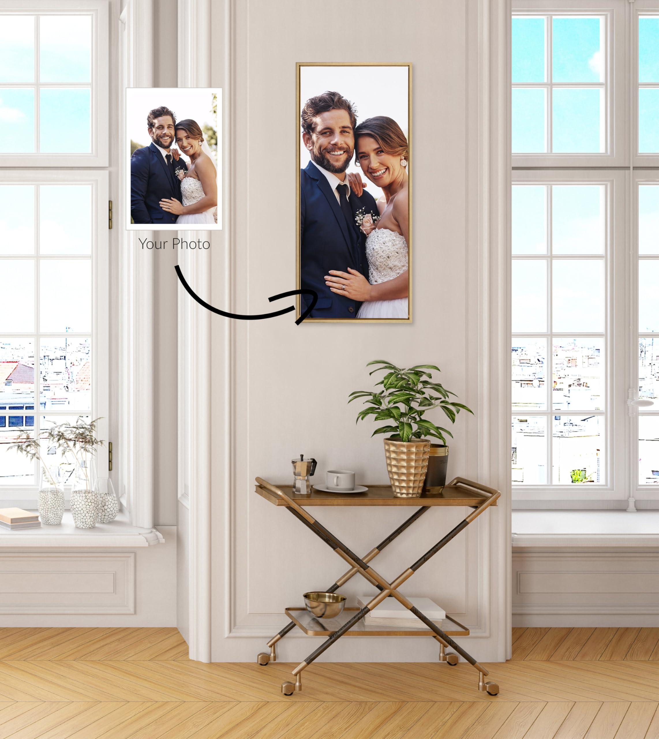Kate And Laurel Sylvie Custom Printed Framed Canvas Wall Art, 18X40 Bright Gold, Personal Canvas Print With Your Photos For Bedr