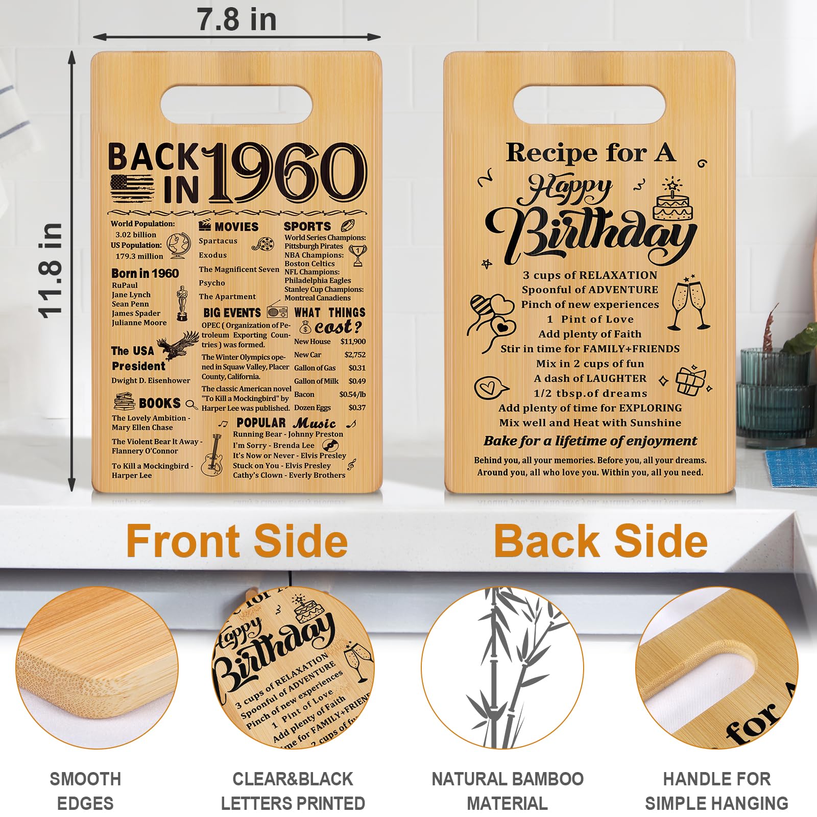 65th Birthday Gifts for Women Men,Back In 1960&Recipe for A Happy Birthday Double sided Cutting Board Gift for Her Him,65th birt
