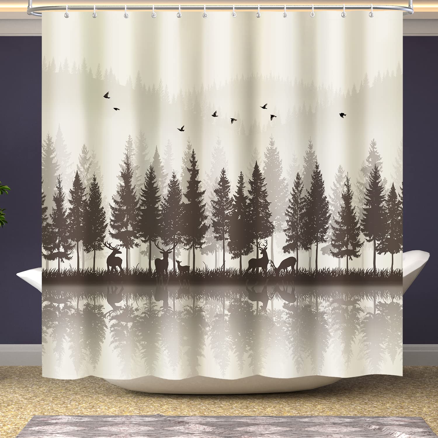 Brown Misty Forest Shower Curtain Waterproof Fabric Deer Shower Curtain Nature Mountain Shower Curtains For Bathroom Woodland Ru
