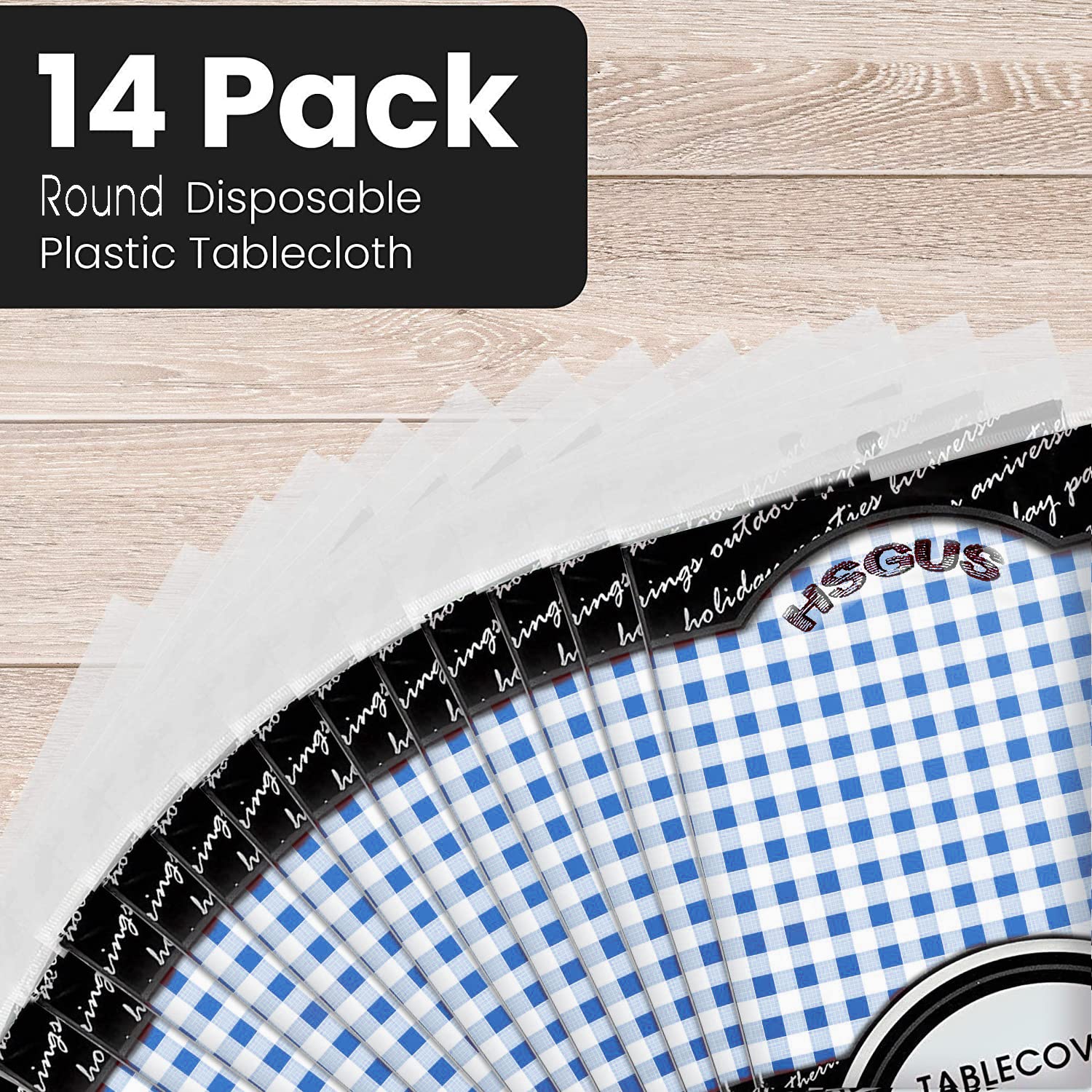 14 Pack Premium Round Checkered Blue Plastic Tablecloth - 84 X 84 In. Disposable Round Plastic Table Cloth - Decorative Round Ta