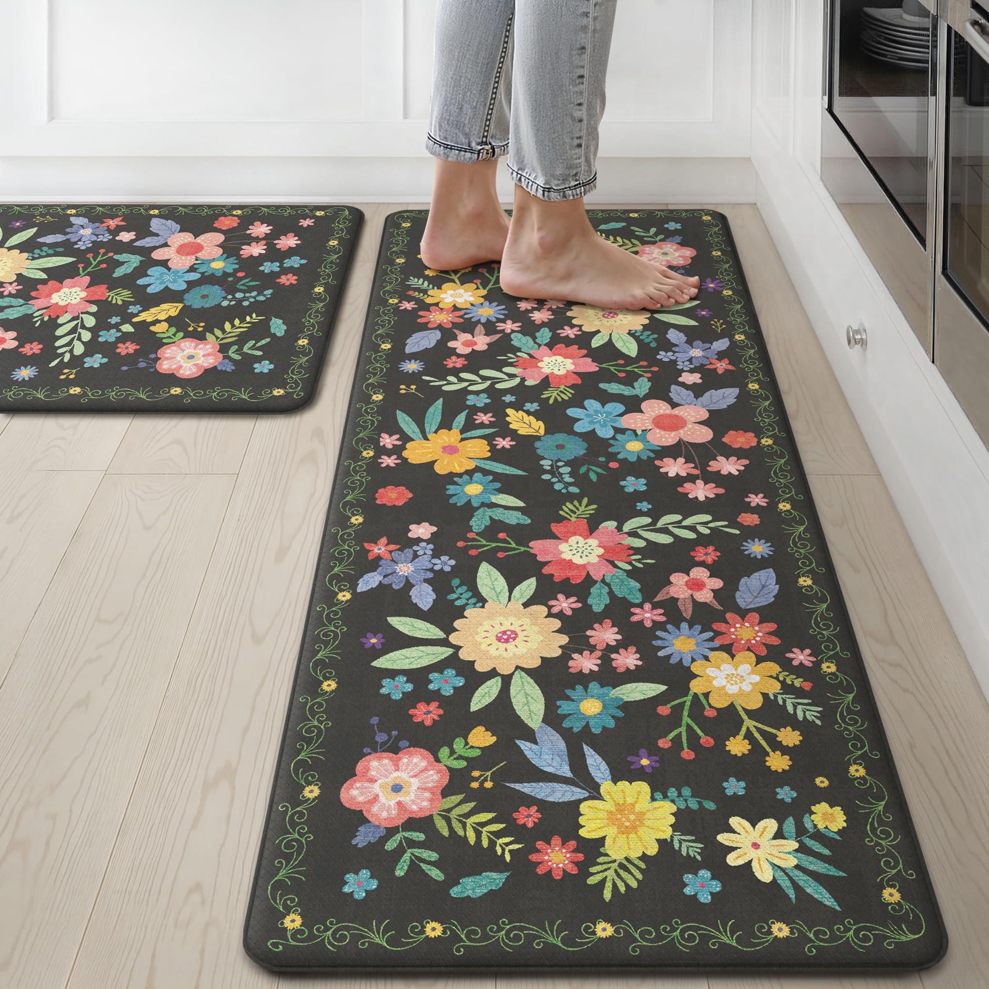 GENIMO Kitchen Mats for Floor 2PCS, Cushioned Kitchen Rugs Non Slip Washable, Farmhouse Anti Fatigue Mat Waterproof, Comfort Sta
