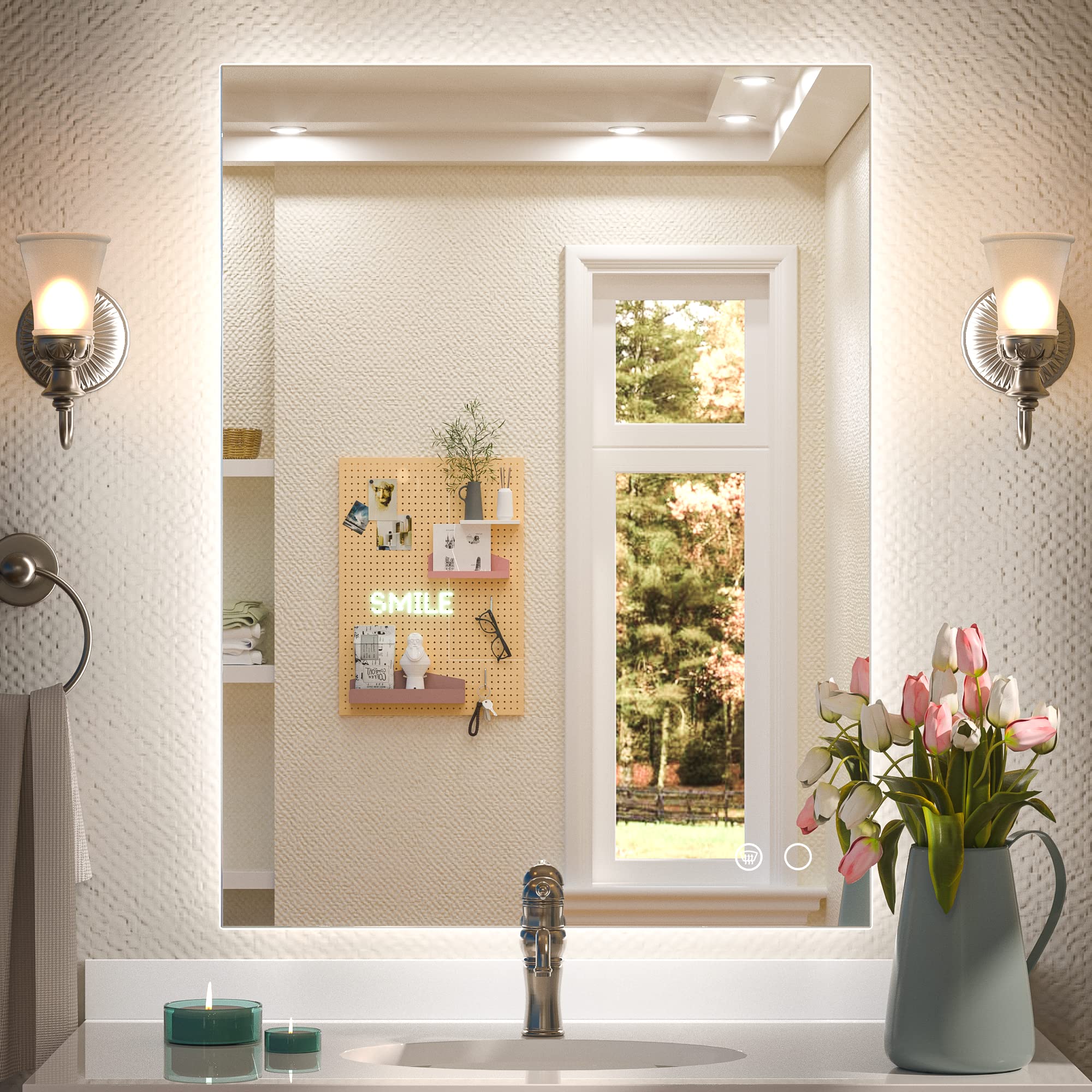 Keonjinn 24 X 32 Inch Led Backlit Mirror Lighted Bathroom Vanity Mirror 3 Colors Warm/Natural/White Lights High Lumen, Anti-Fog