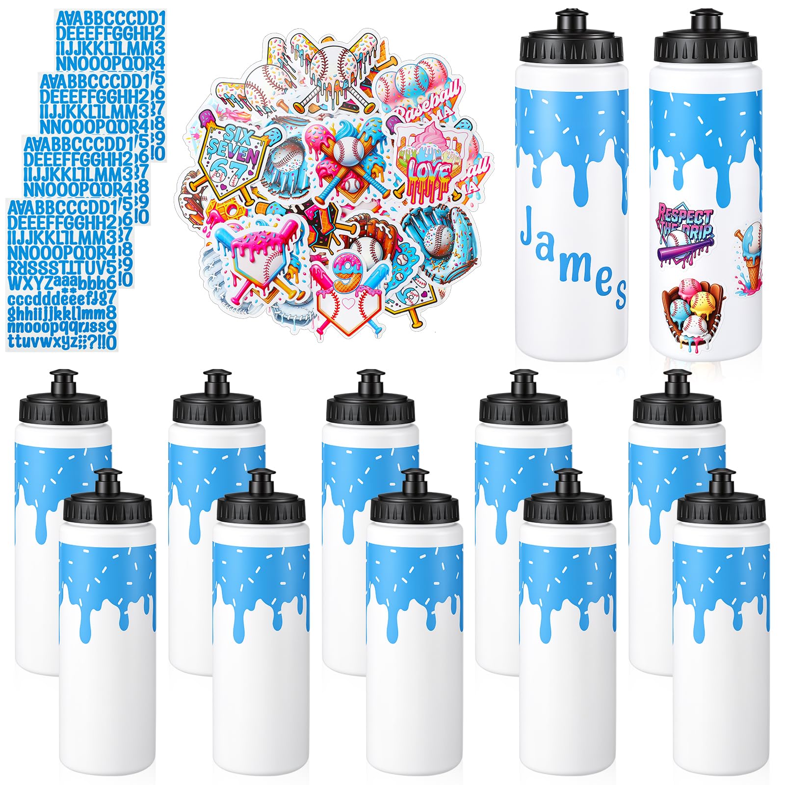12 Pack Baseball/ Softball Ice Cream Drip Water Bottles Bulk 20 oz, White